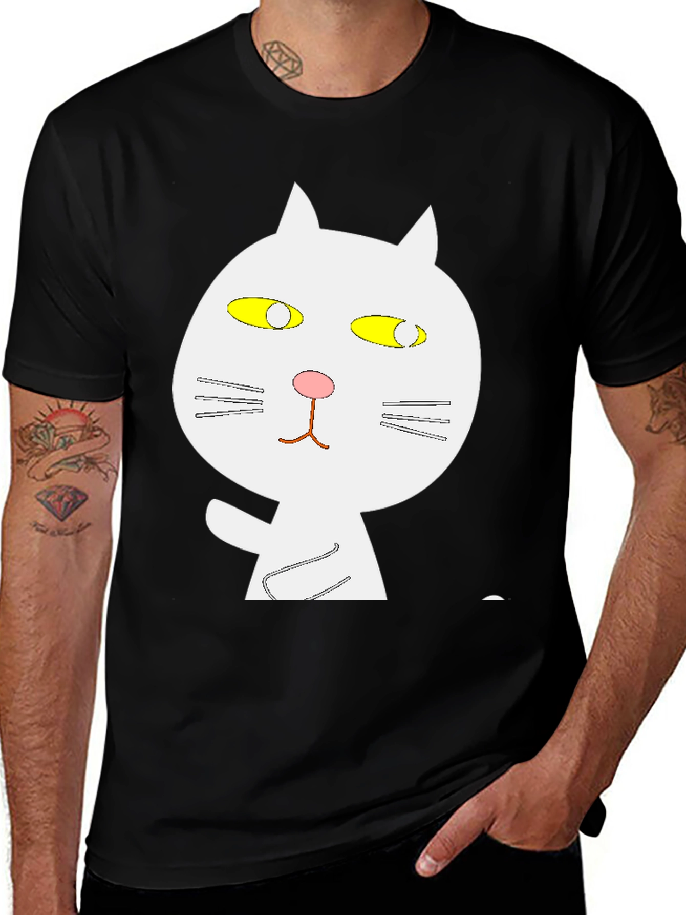 Black T-Shirt with Whimsical Cat Graphic