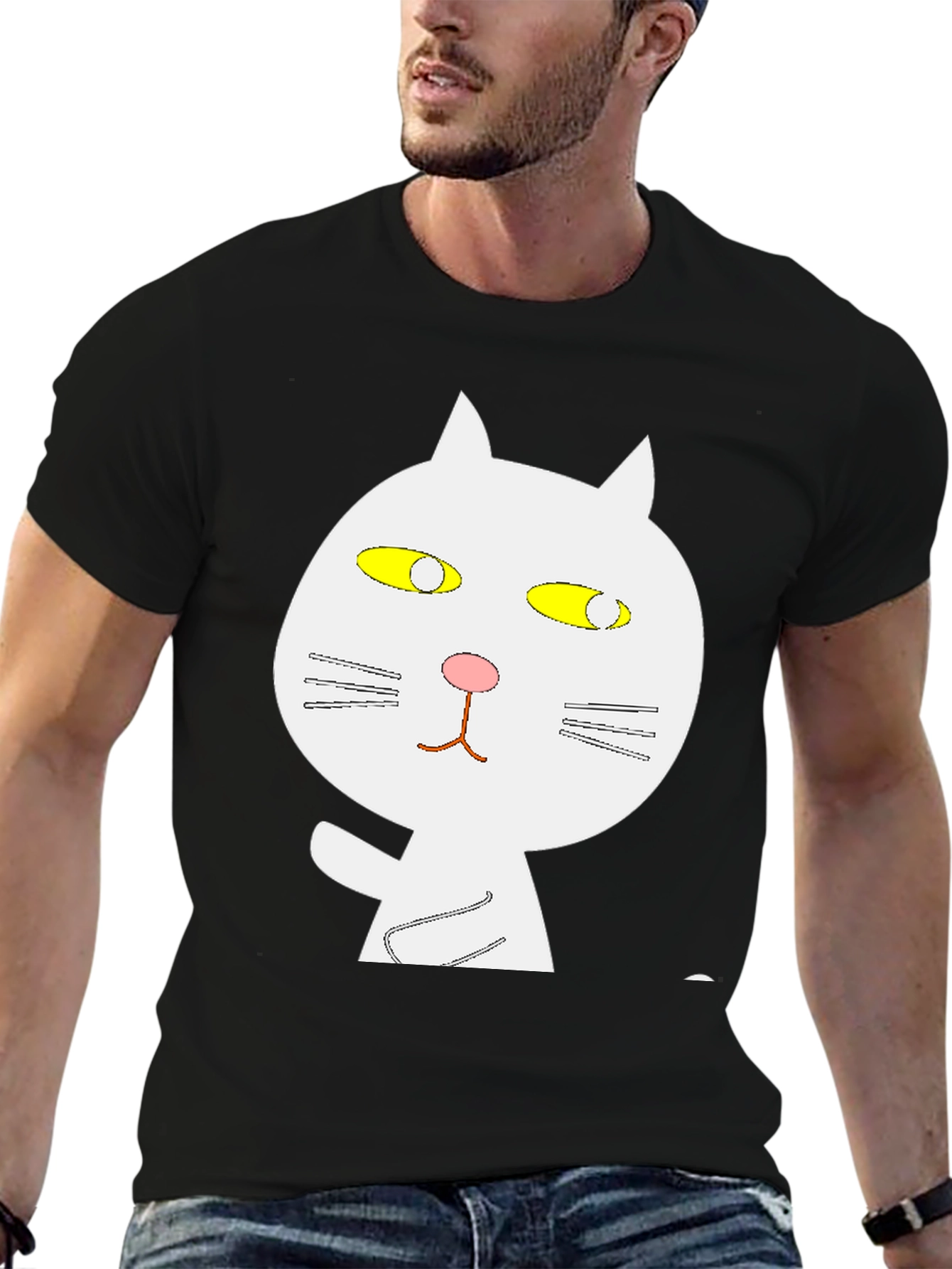 Black T-Shirt with Whimsical Cat Graphic