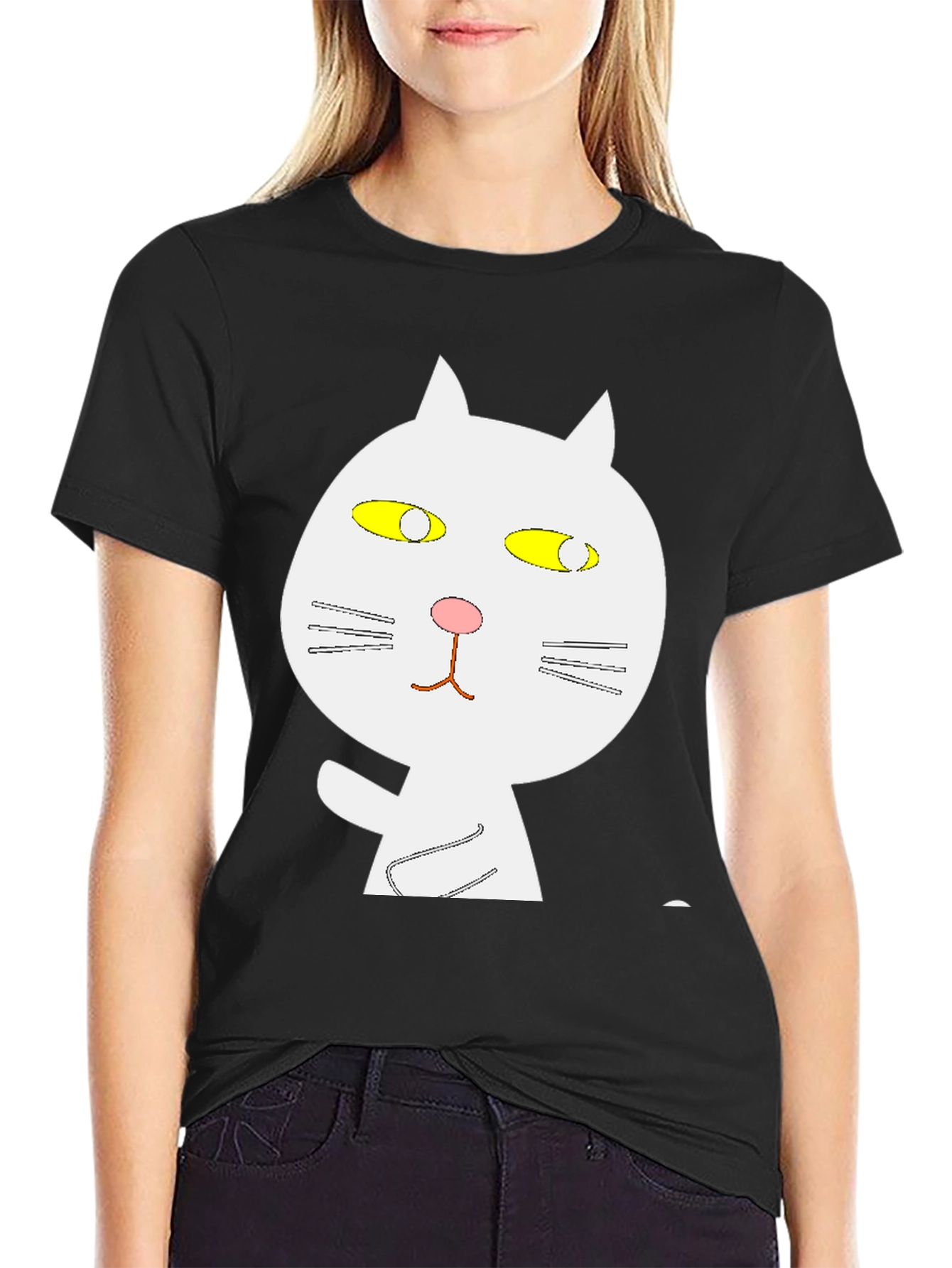 Black T-Shirt with Whimsical Cat Graphic