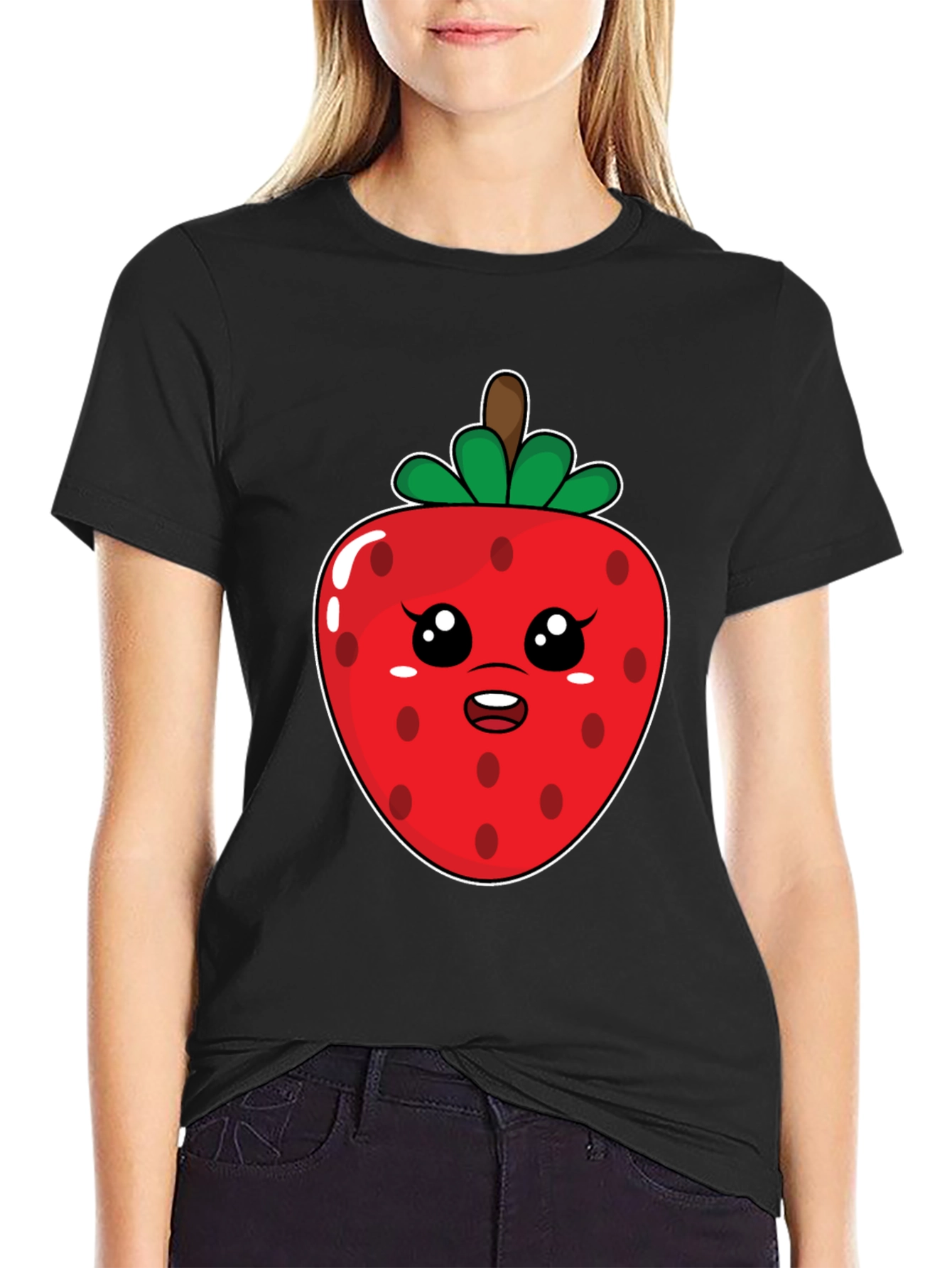 Kawaii Strawberry Graphic Tee - Black