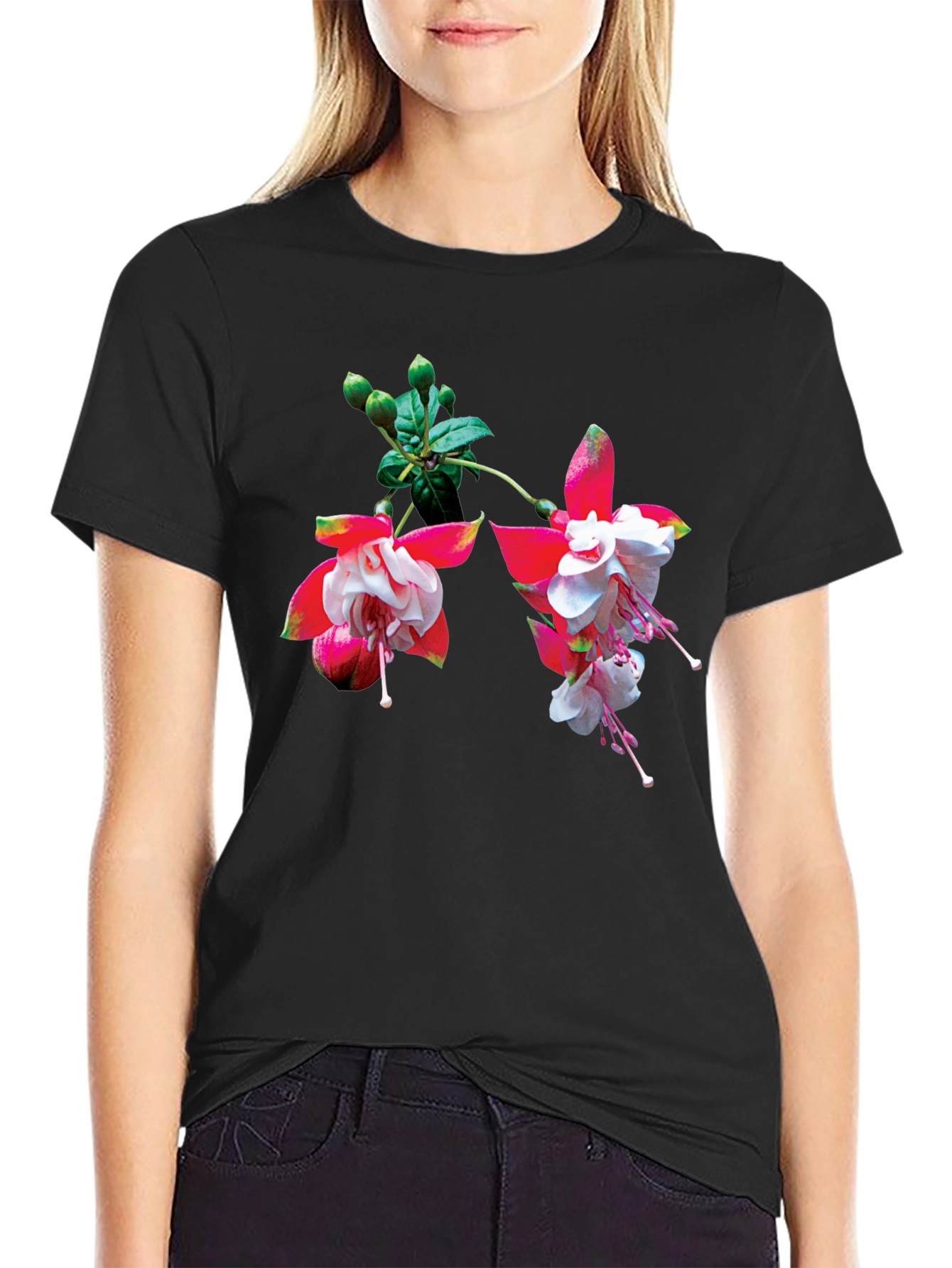 Floral Print Black T-Shirt - Casual Wear
