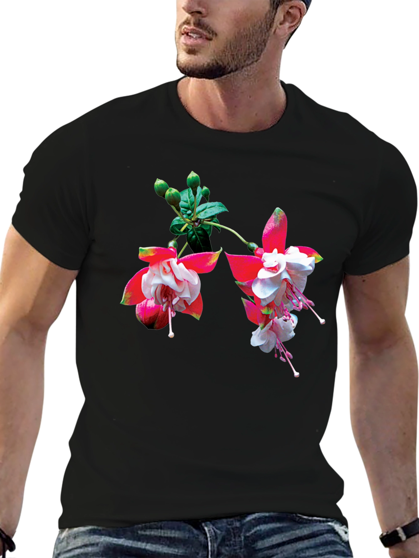 Floral Print Black T-Shirt - Casual Wear