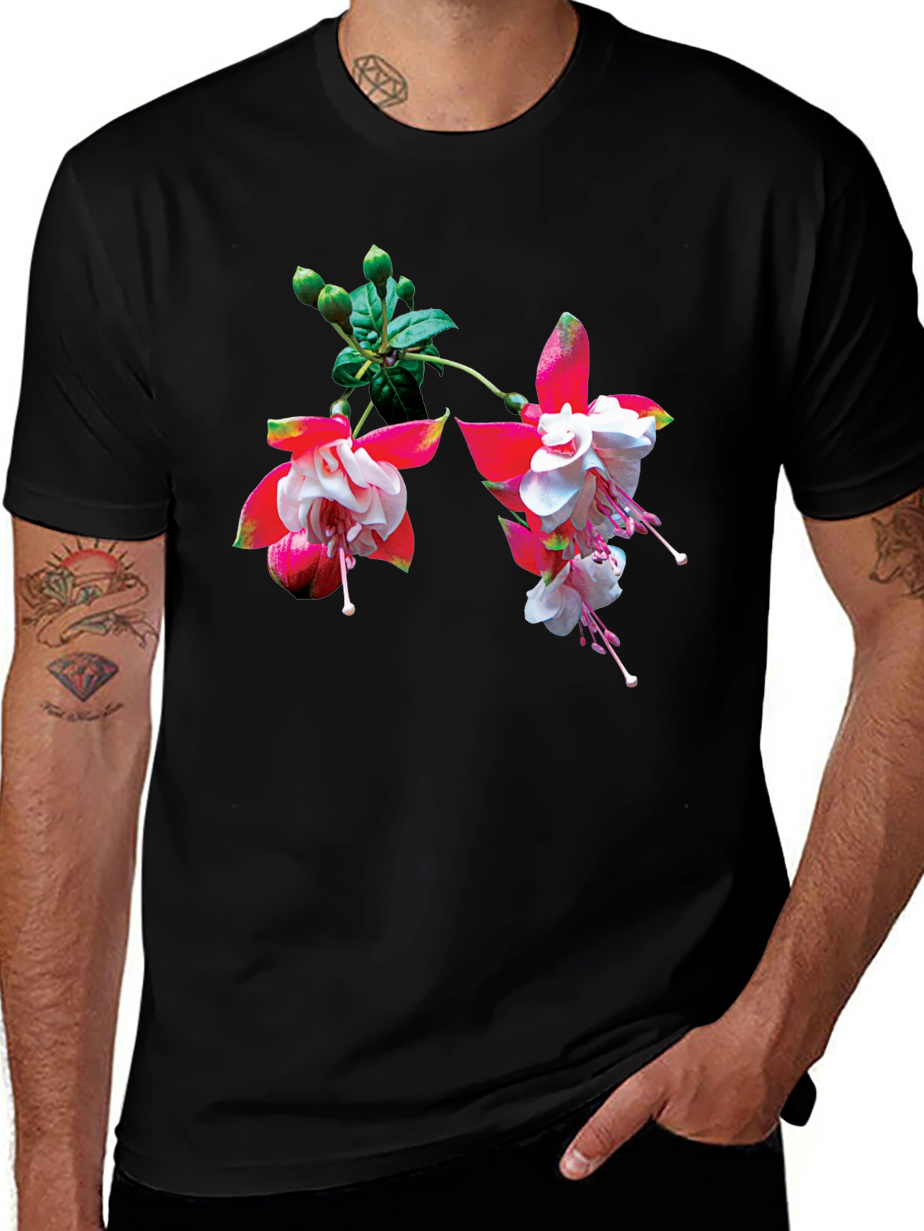 Floral Print Black T-Shirt - Casual Wear