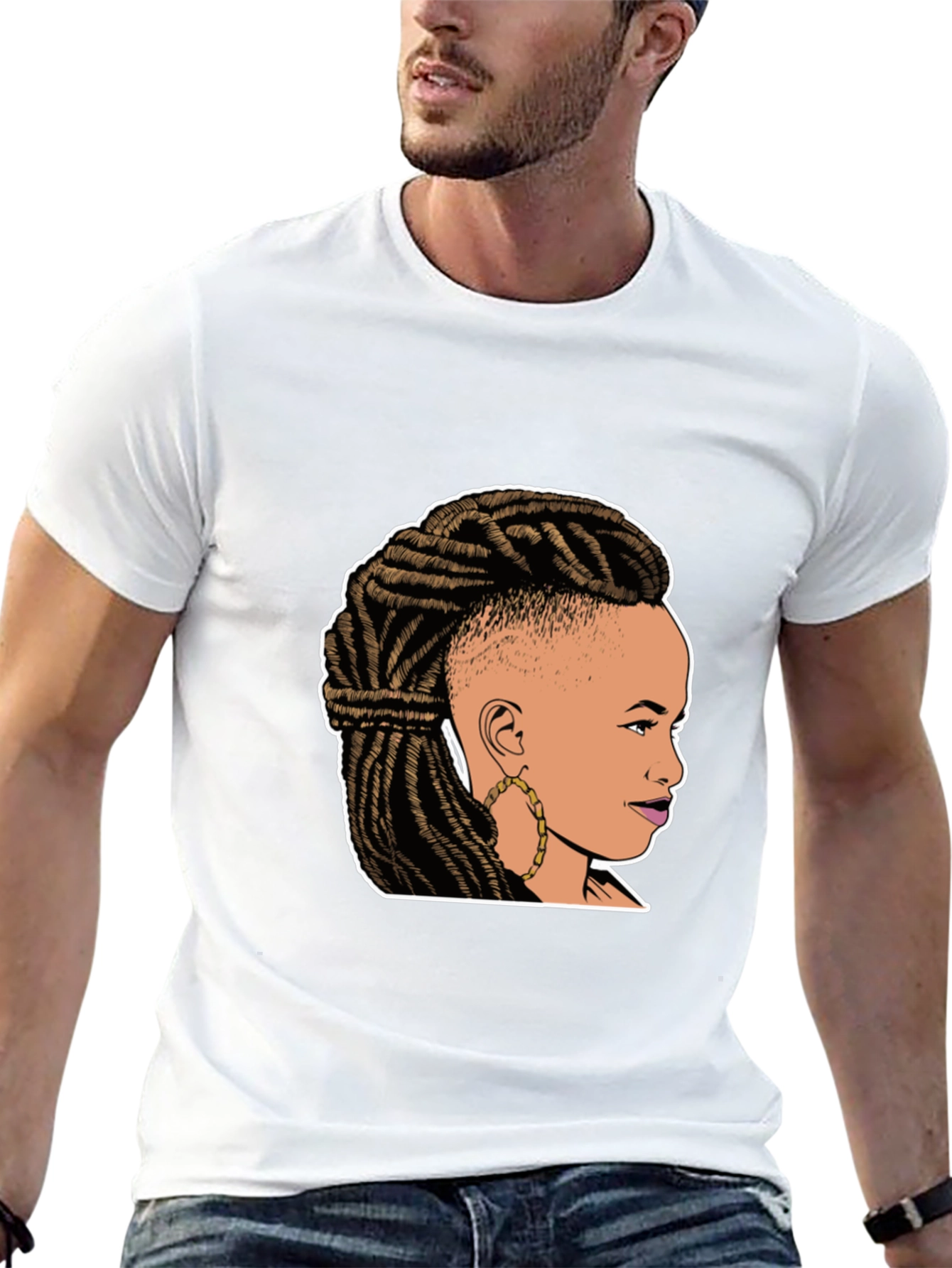Graphic Tee: Woman with Braids on Black T-Shirt