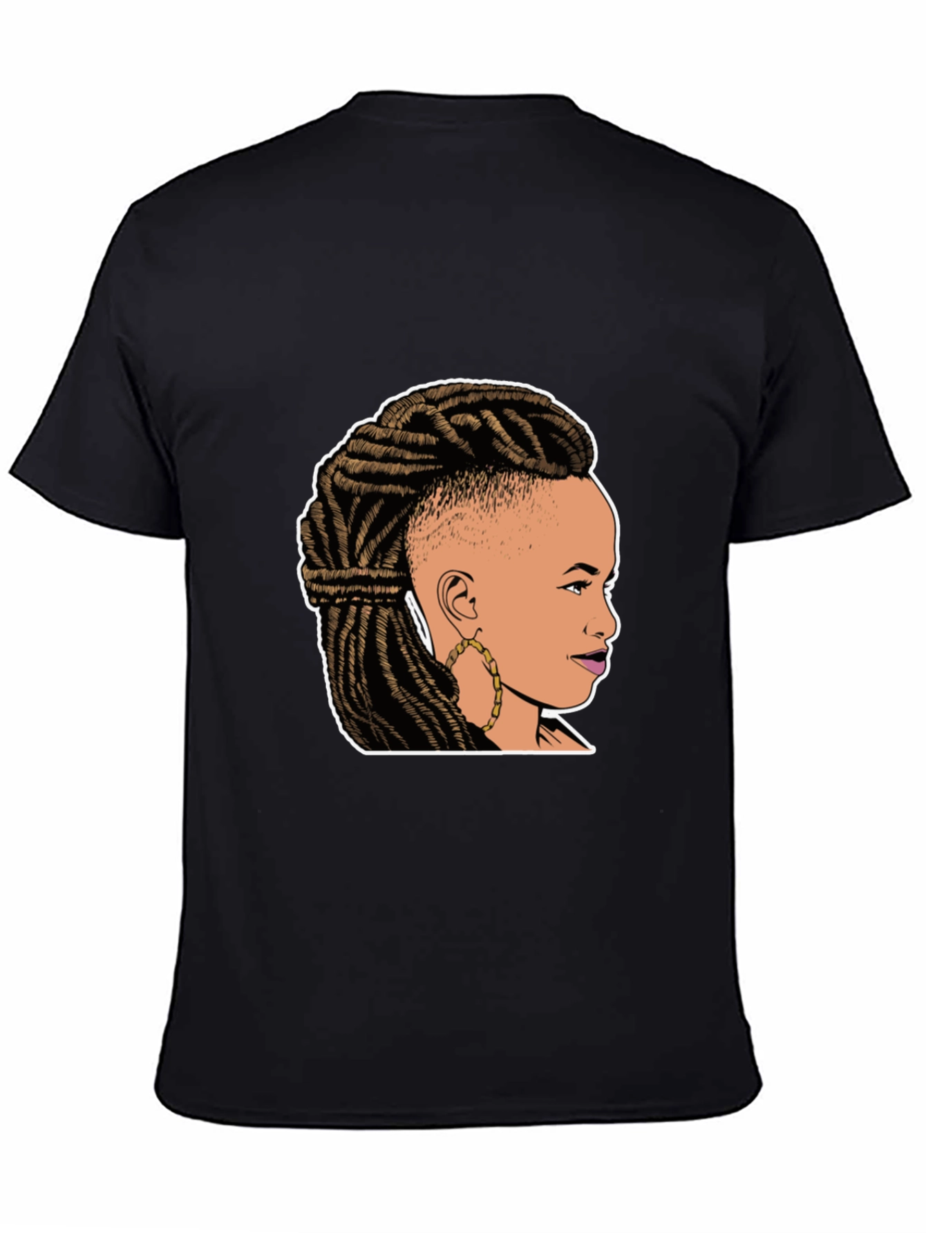 Graphic Tee: Woman with Braids on Black T-Shirt