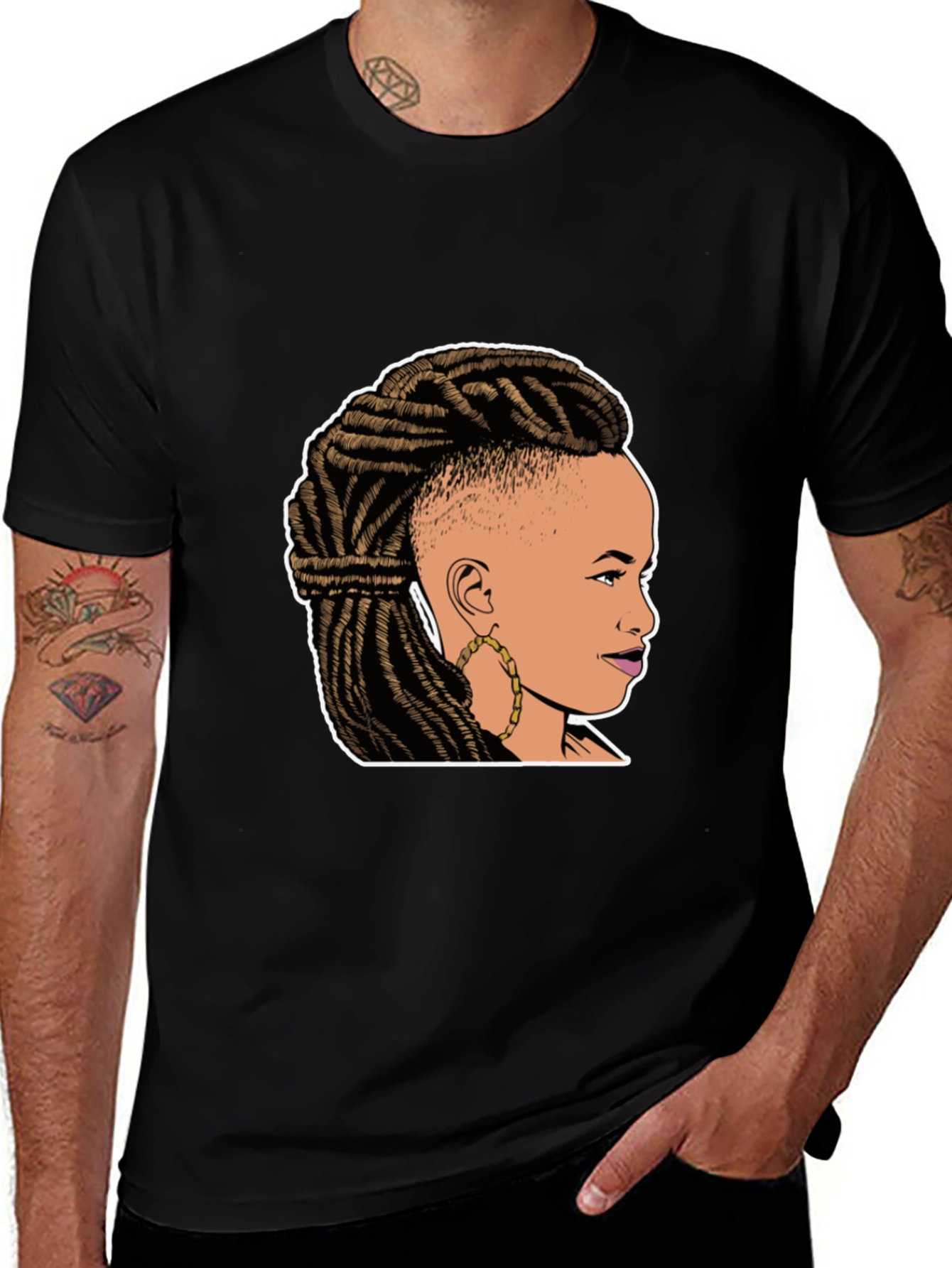 Graphic Tee: Woman with Braids on Black T-Shirt