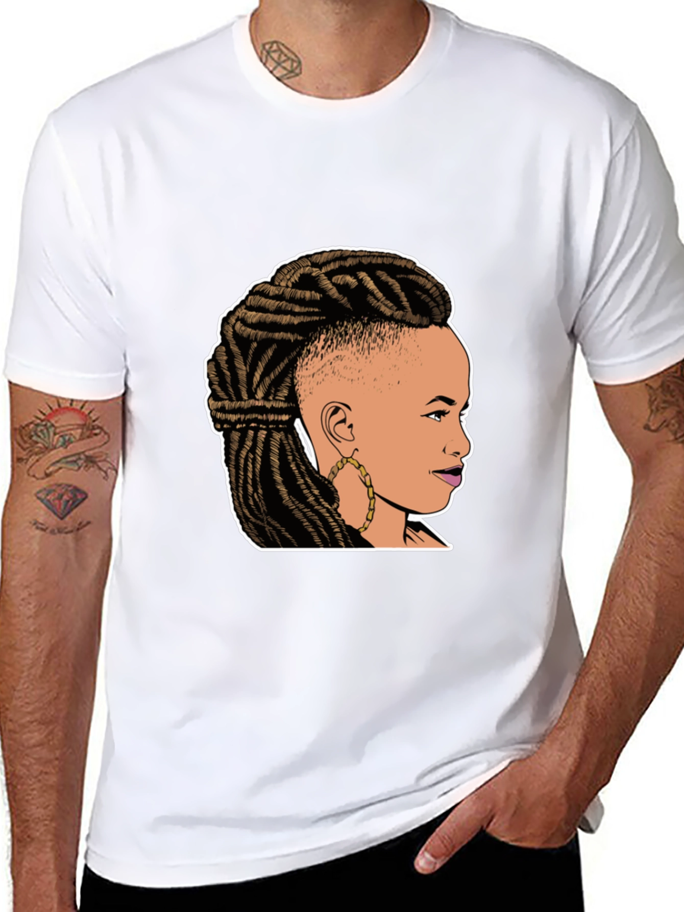 Graphic Tee: Woman with Braids on Black T-Shirt