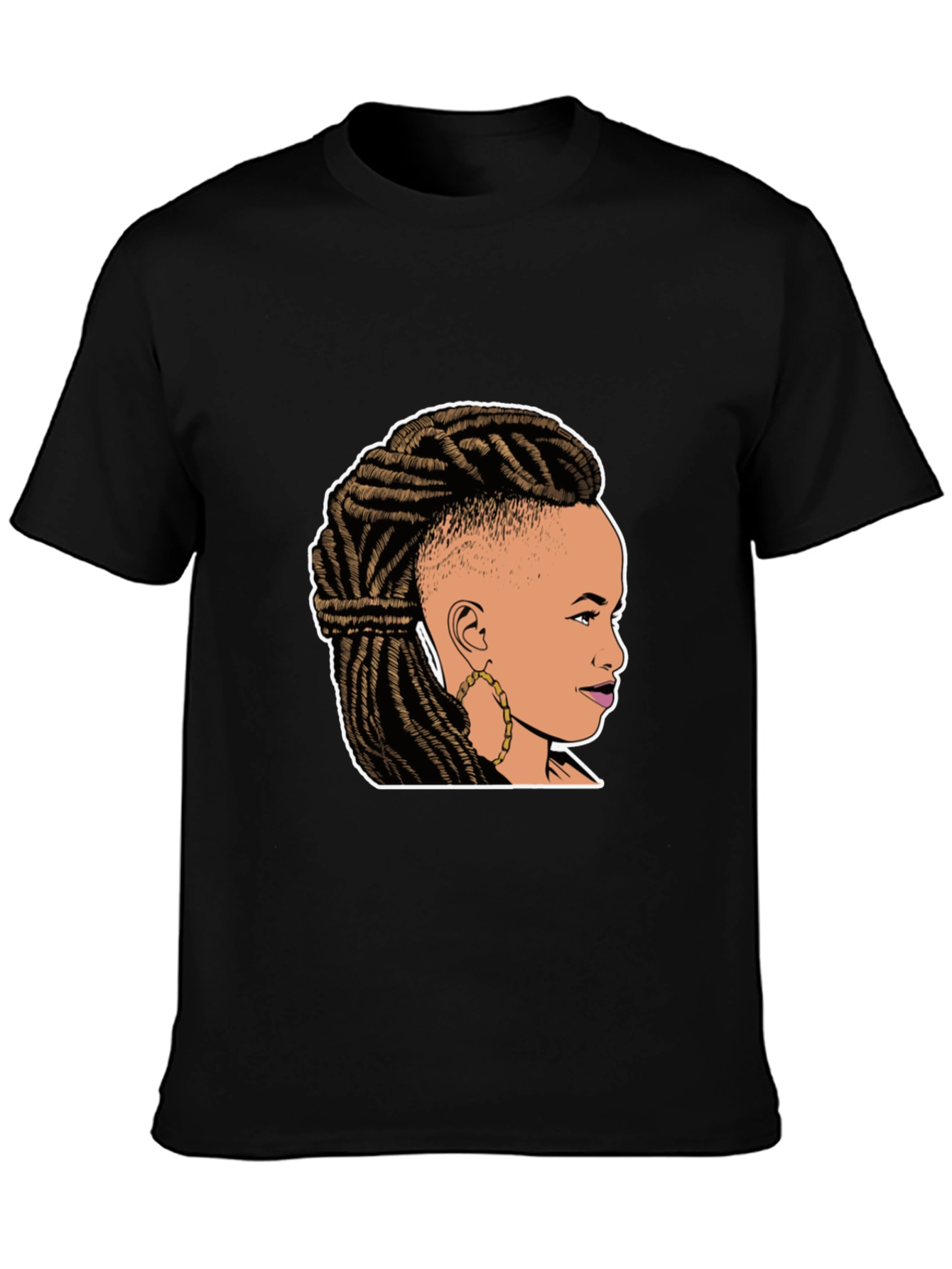 Graphic Tee: Woman with Braids on Black T-Shirt