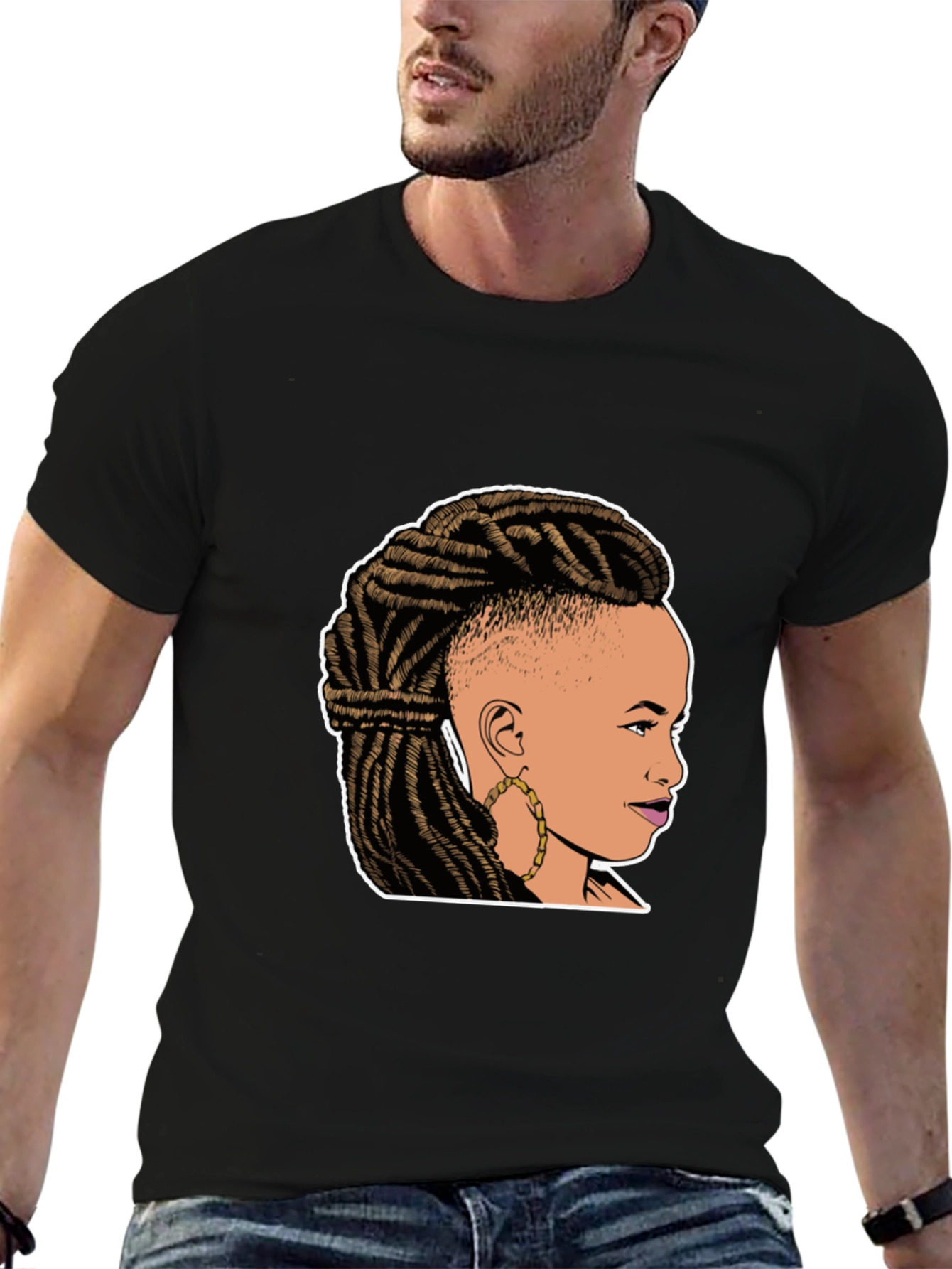 Graphic Tee: Woman with Braids on Black T-Shirt