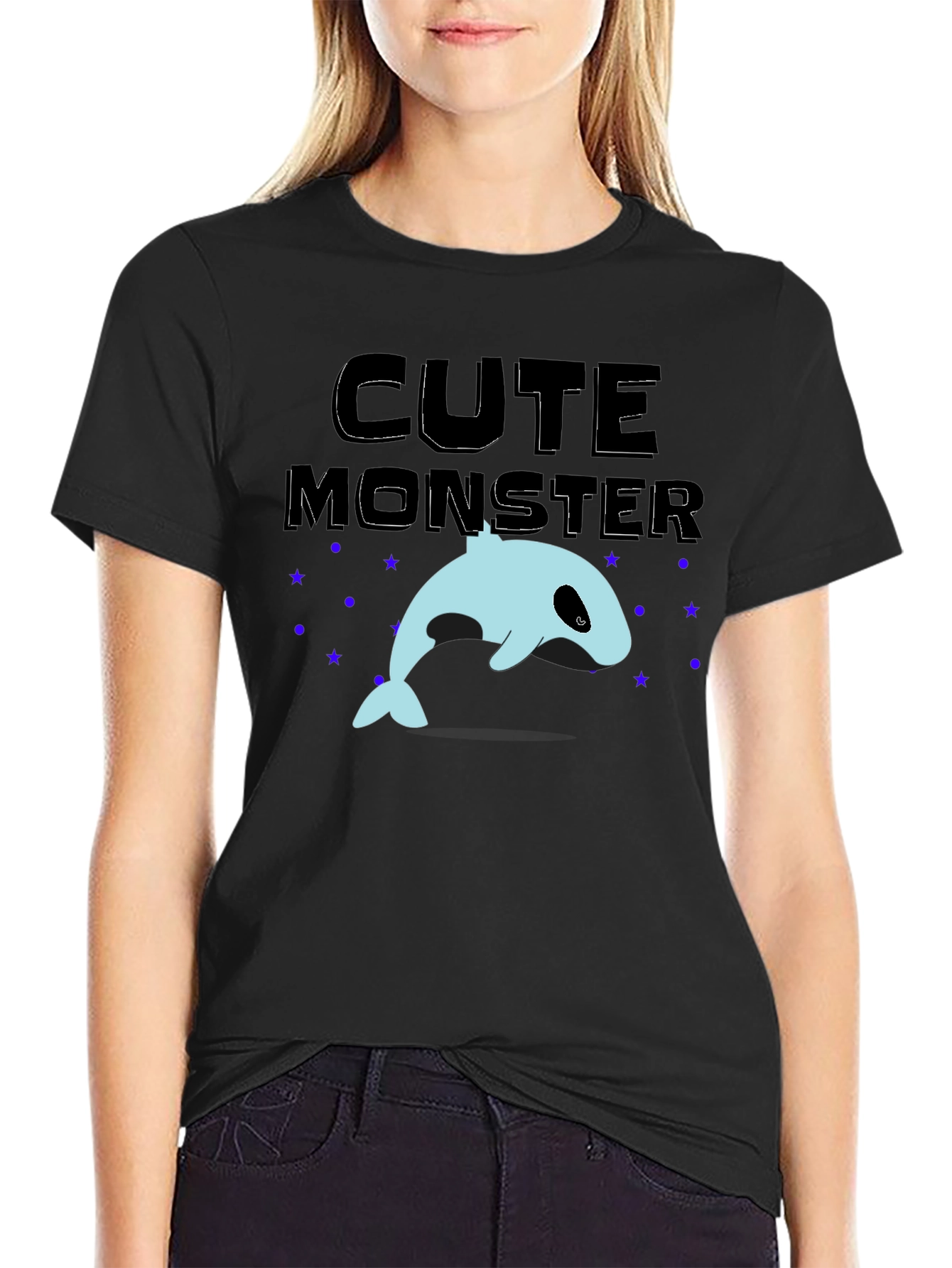 Cute Monster Whale Graphic Tee - Black