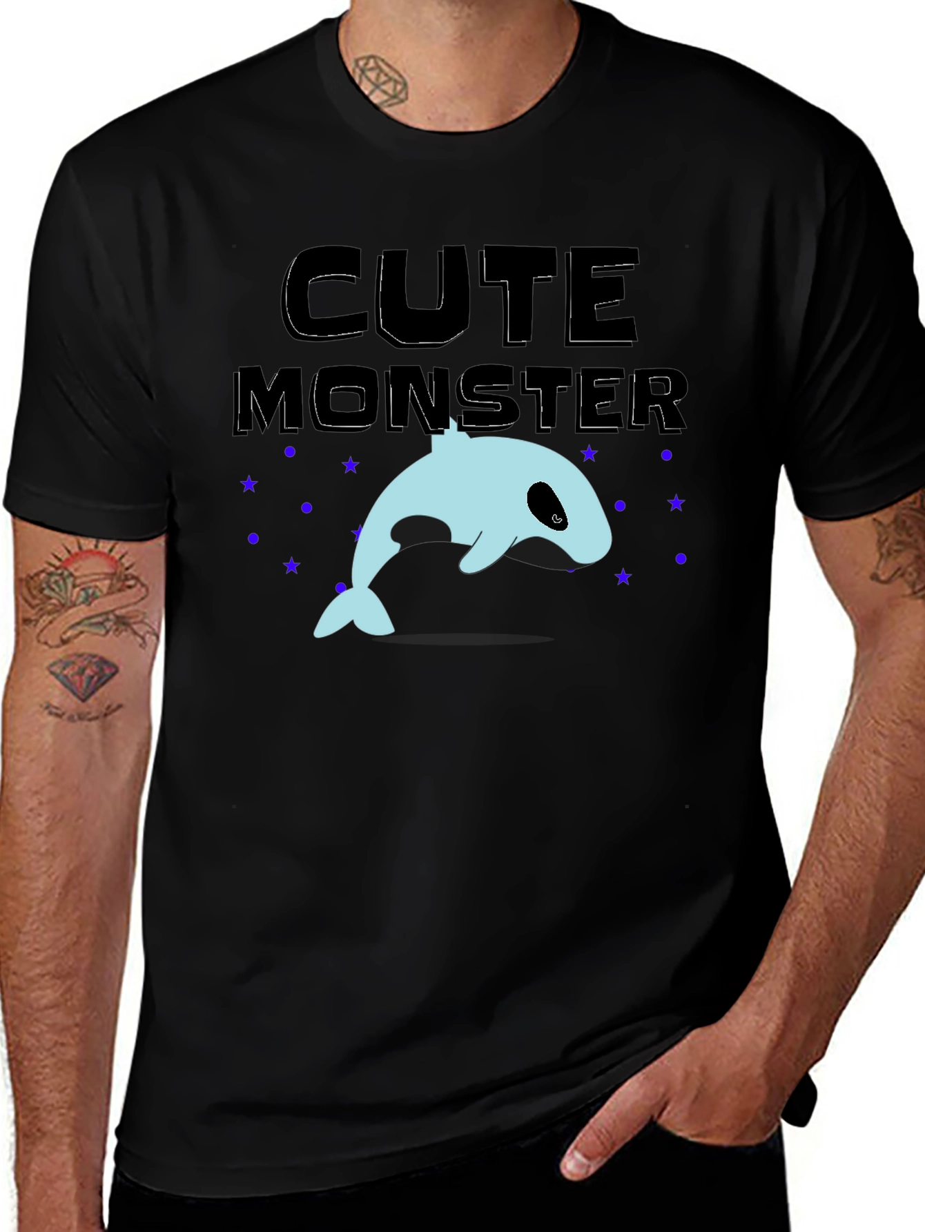 Cute Monster Whale Graphic Tee - Black