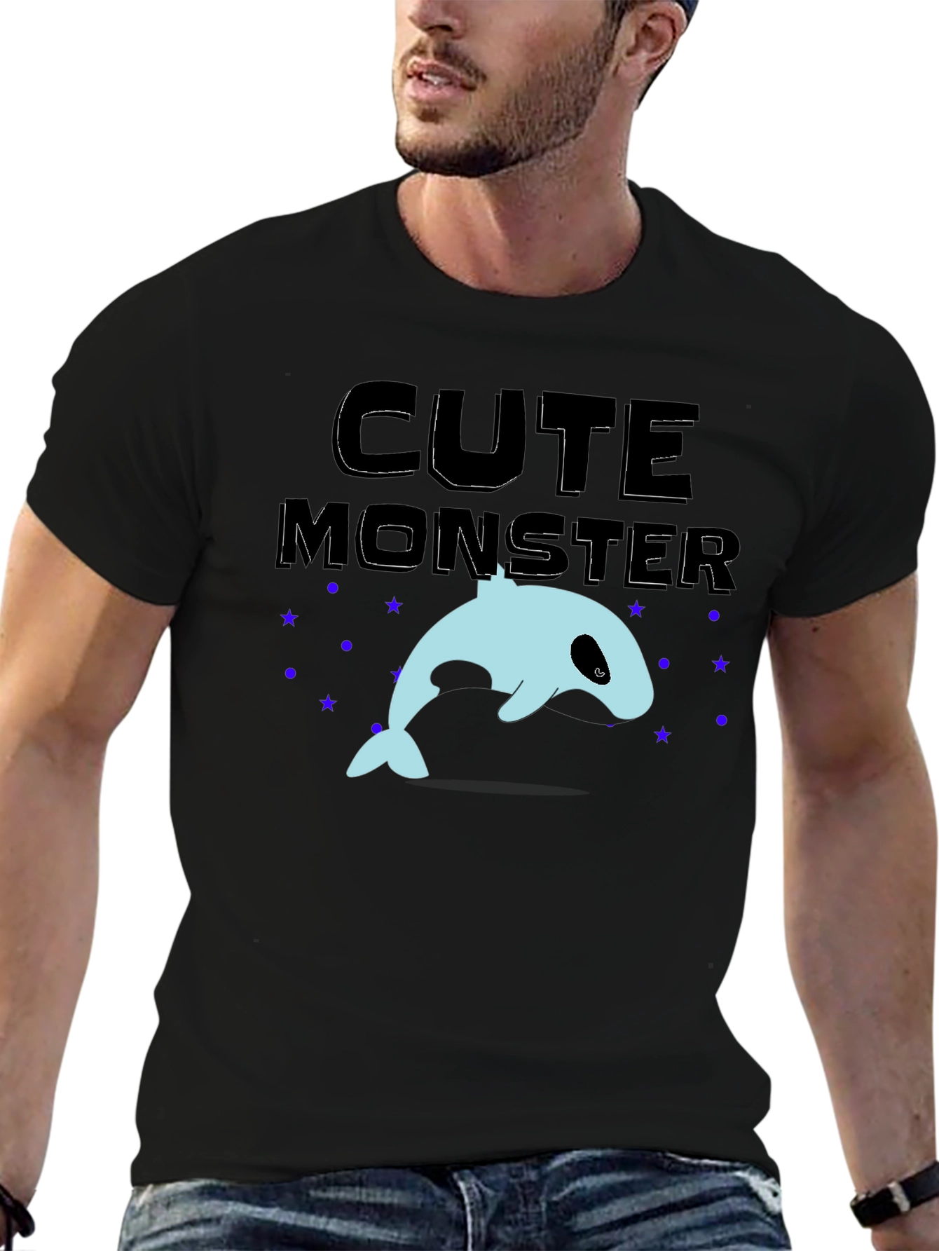 Cute Monster Whale Graphic Tee - Black
