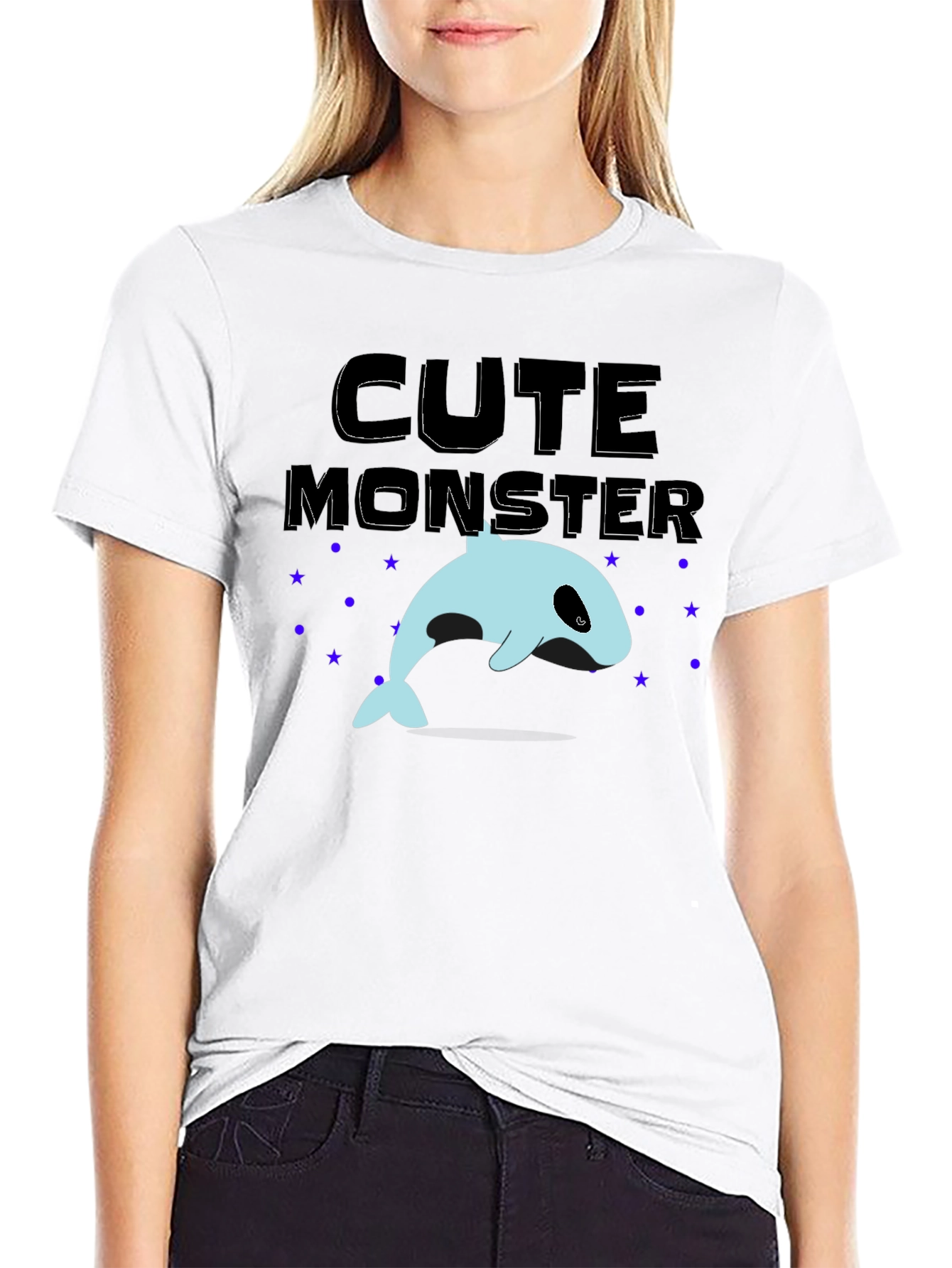 Cute Monster Whale Graphic Tee - Black