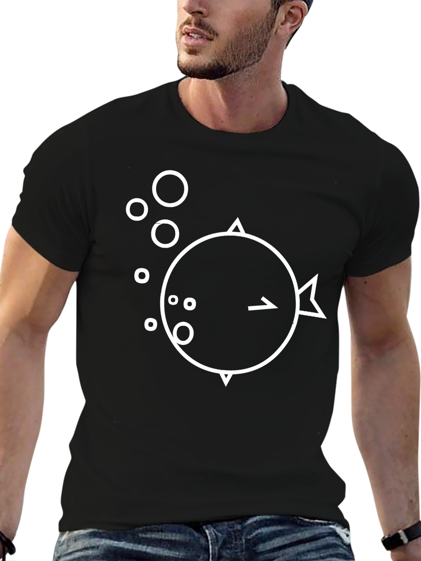 Minimalist Pufferfish Graphic Black T-Shirt