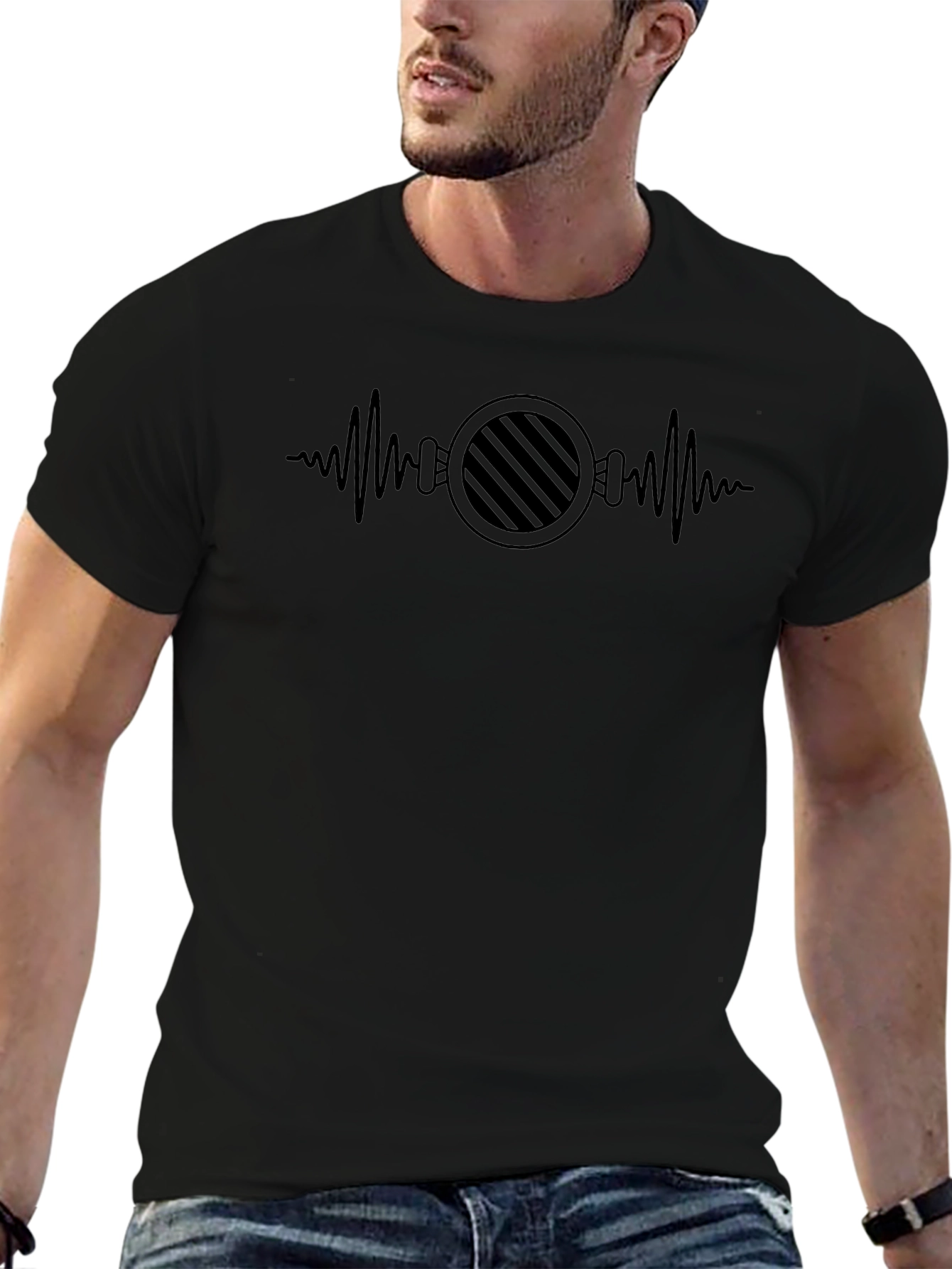 Mens Black Graphic Tee - Sound Wave Barber Design