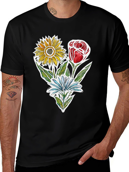 Floral Trio Graphic Tee - Sunflower Rose Blue Daisy