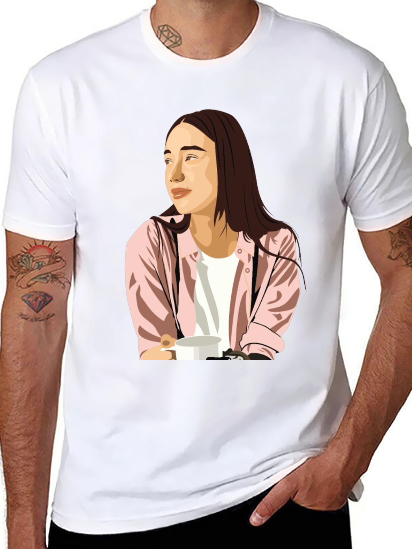 Trendy Graphic Tee - Woman with Coffee