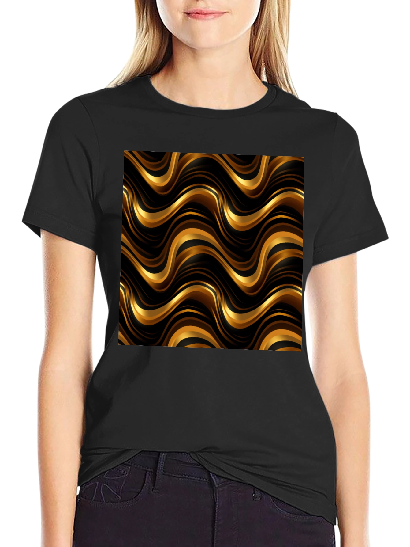 Gold Wave Pattern Black T-Shirt