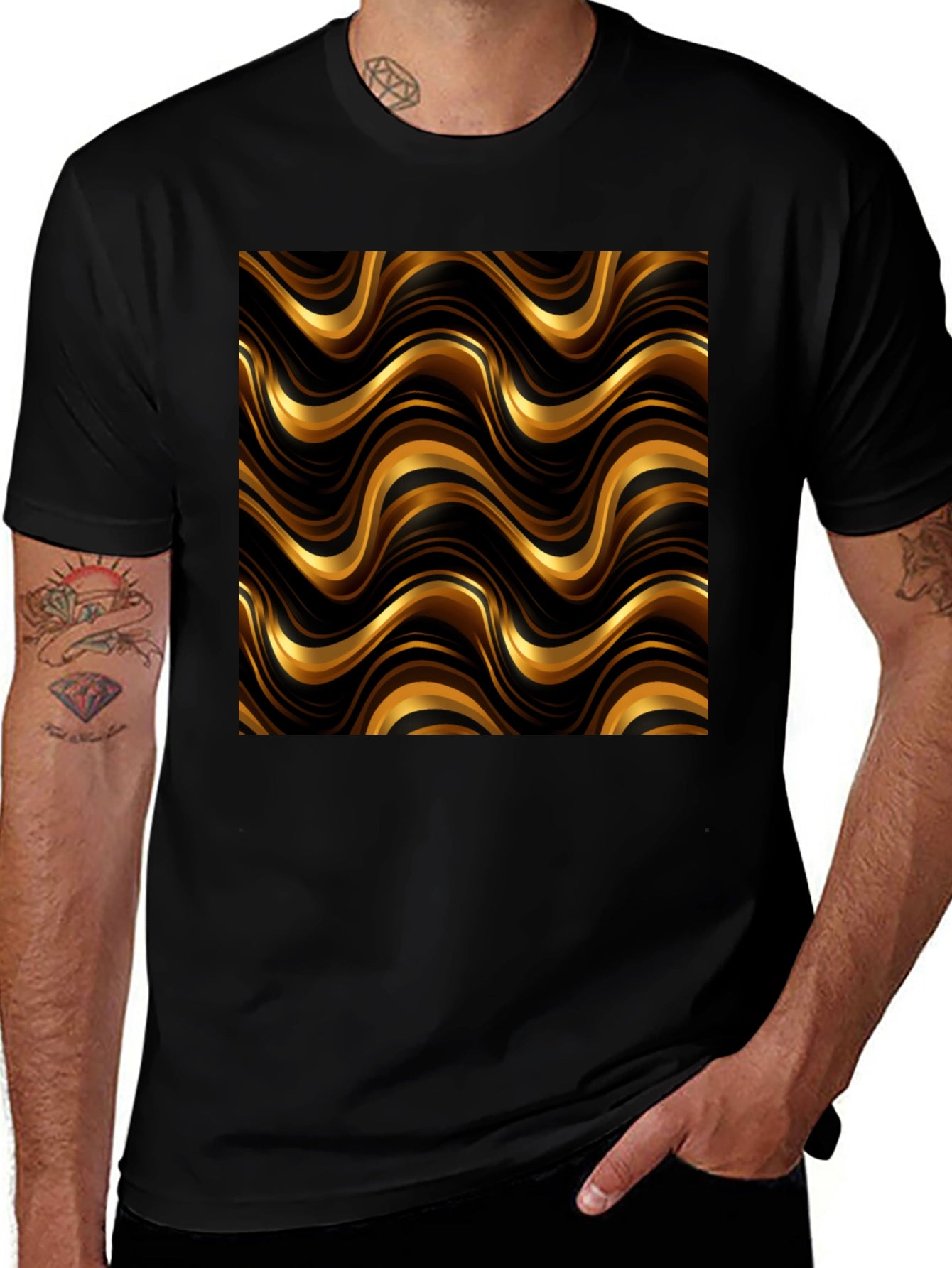 Gold Wave Pattern Black T-Shirt