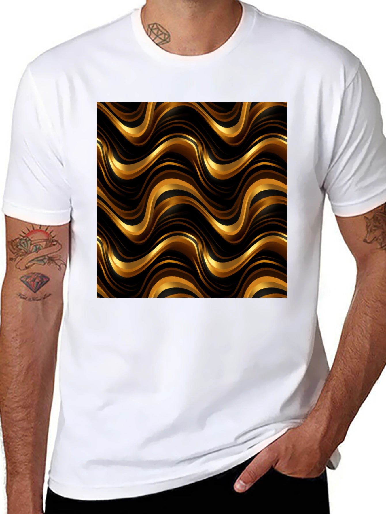 Gold Wave Pattern Black T-Shirt