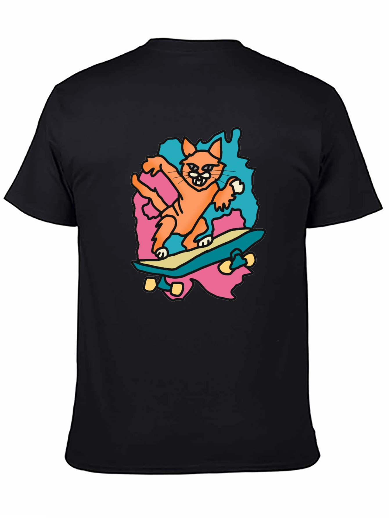 Skateboarding Cat Graphic Tee - Black Cotton T-Shirt