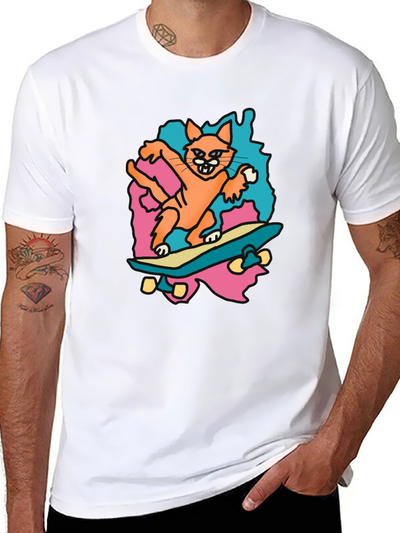 Skateboarding Cat Graphic Tee - Black Cotton T-Shirt