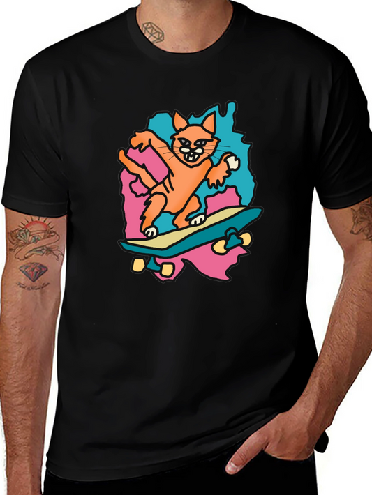 Skateboarding Cat Graphic Tee - Black Cotton T-Shirt