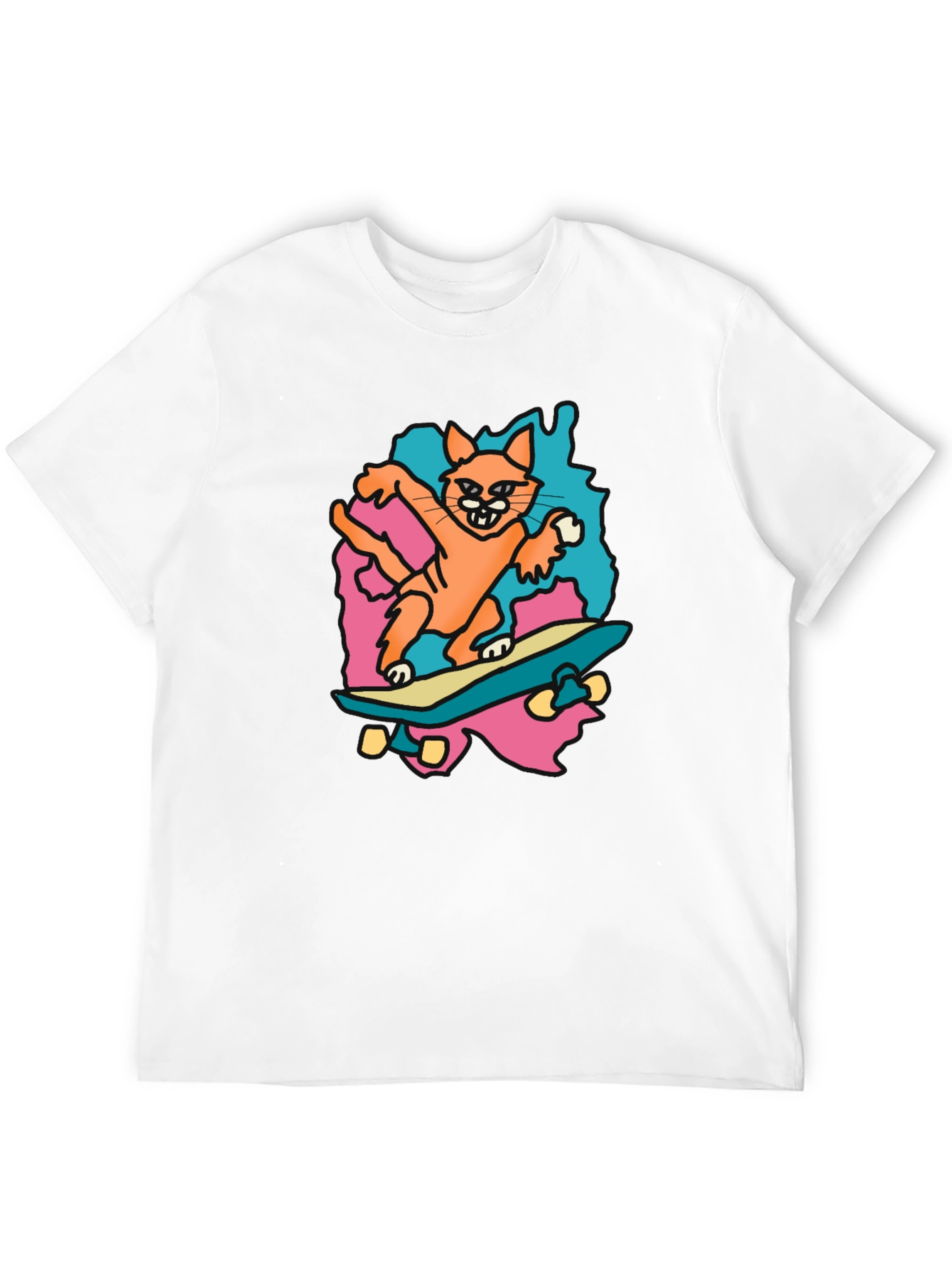 Skateboarding Cat Graphic Tee - Black Cotton T-Shirt