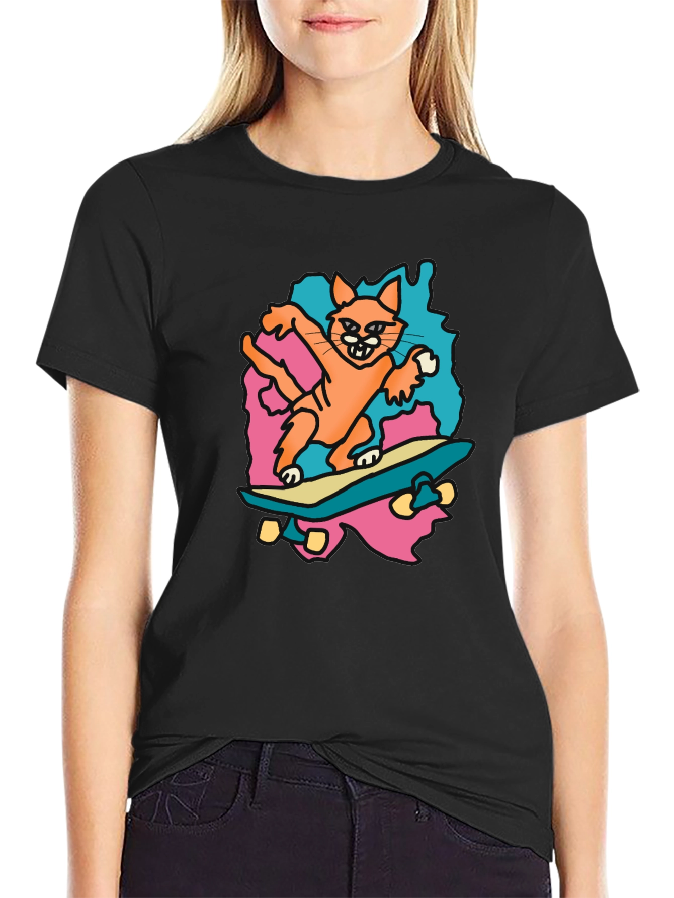 Skateboarding Cat Graphic Tee - Black Cotton T-Shirt