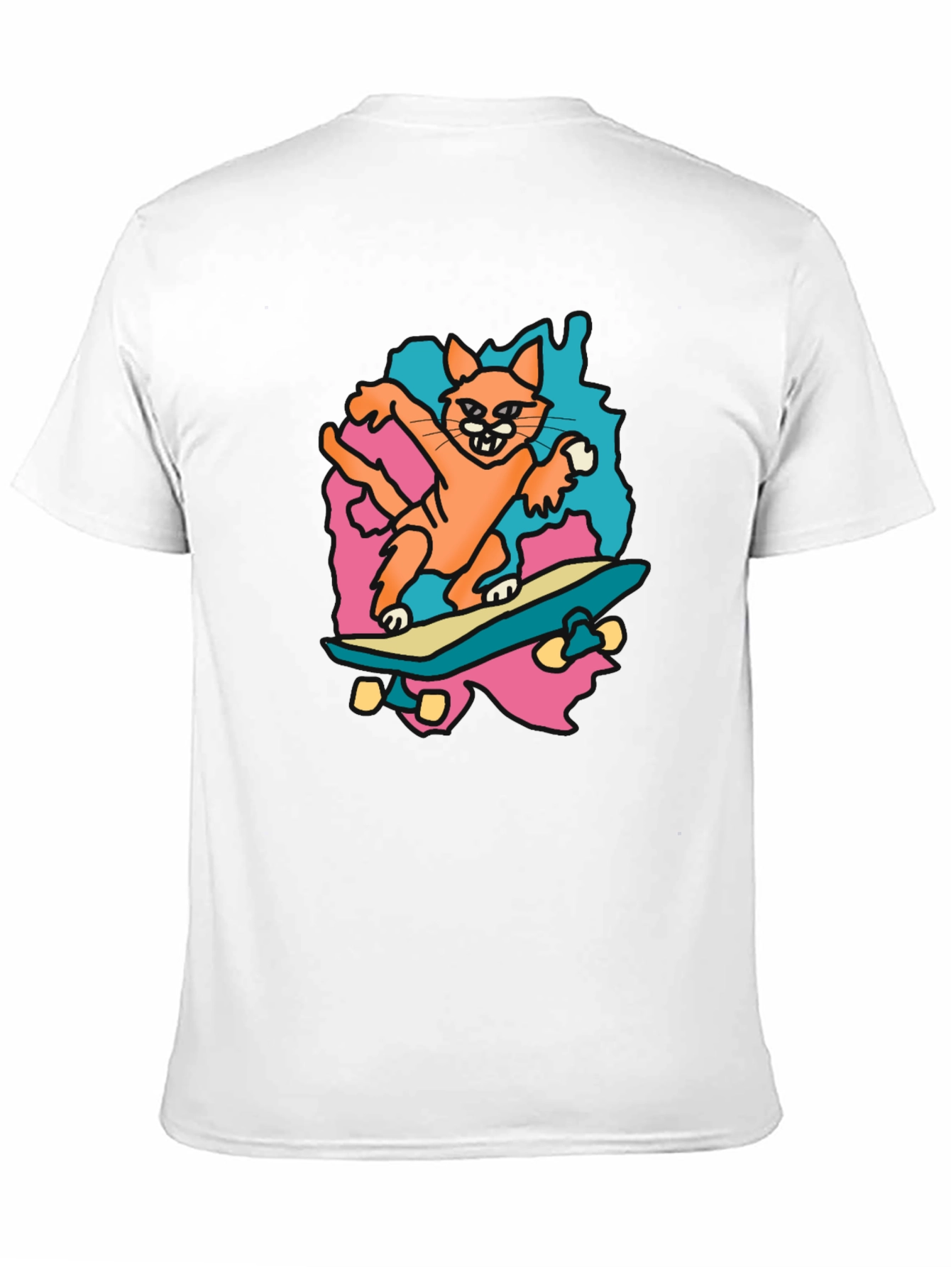 Skateboarding Cat Graphic Tee - Black Cotton T-Shirt