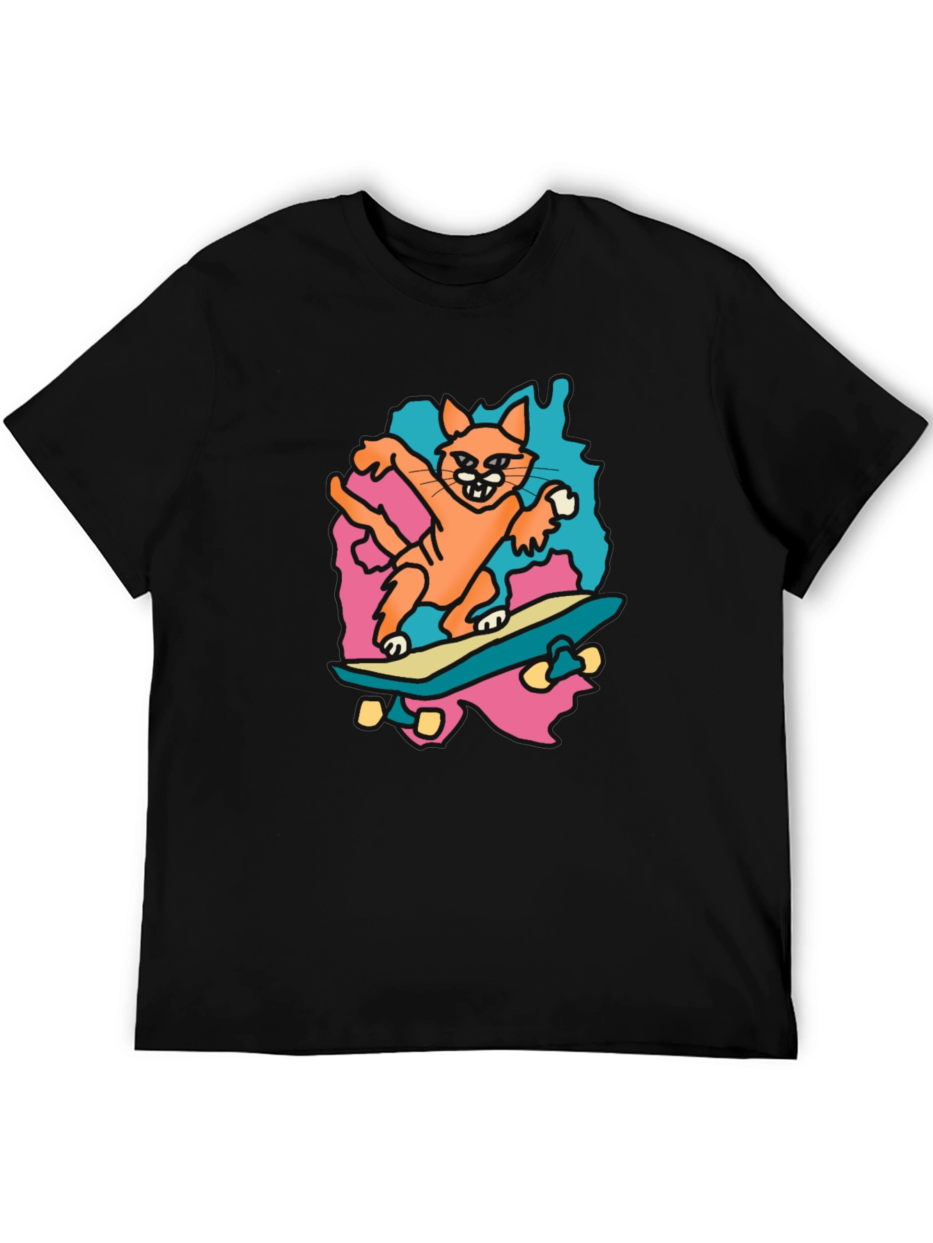 Skateboarding Cat Graphic Tee - Black Cotton T-Shirt
