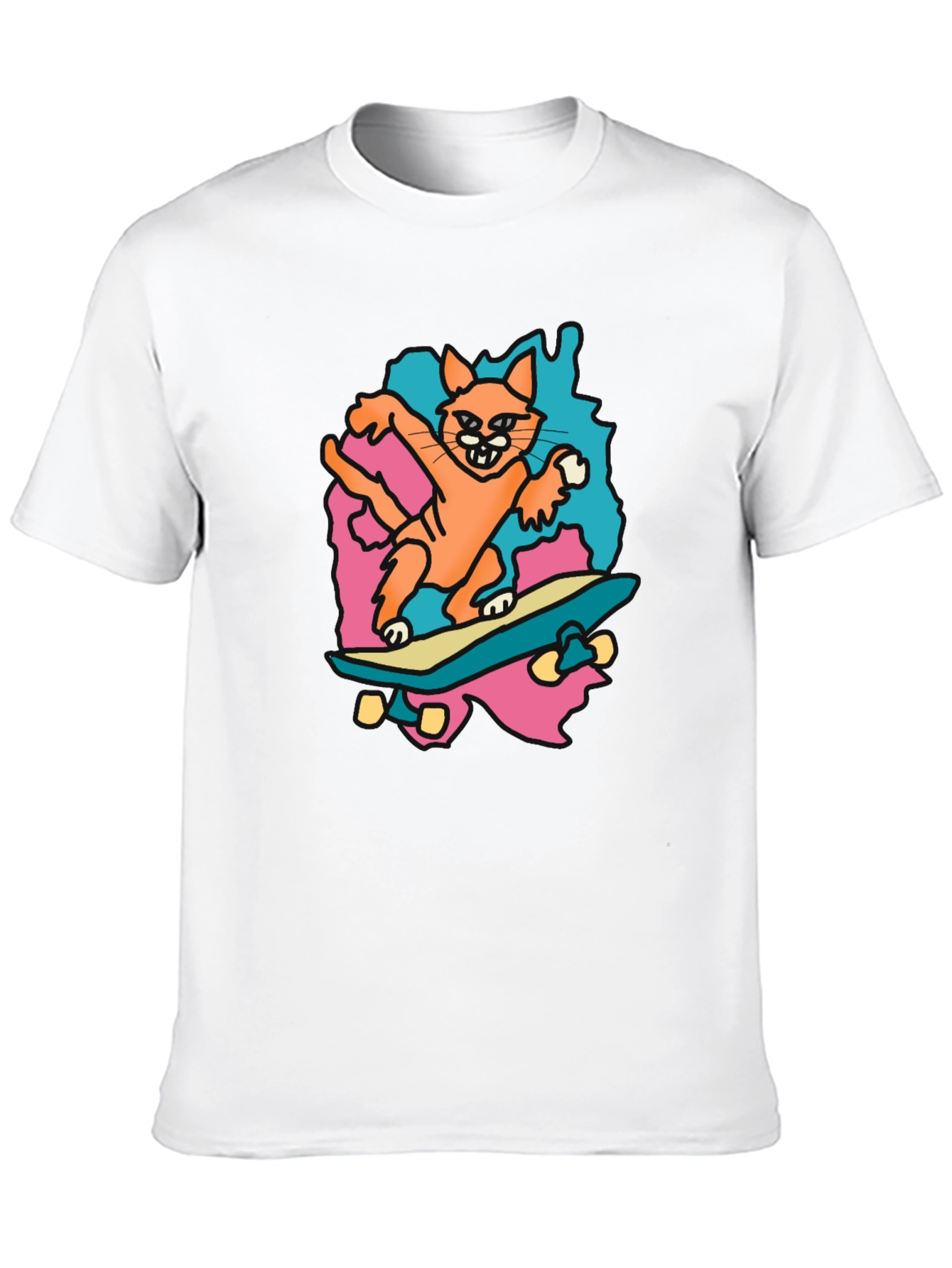 Skateboarding Cat Graphic Tee - Black Cotton T-Shirt