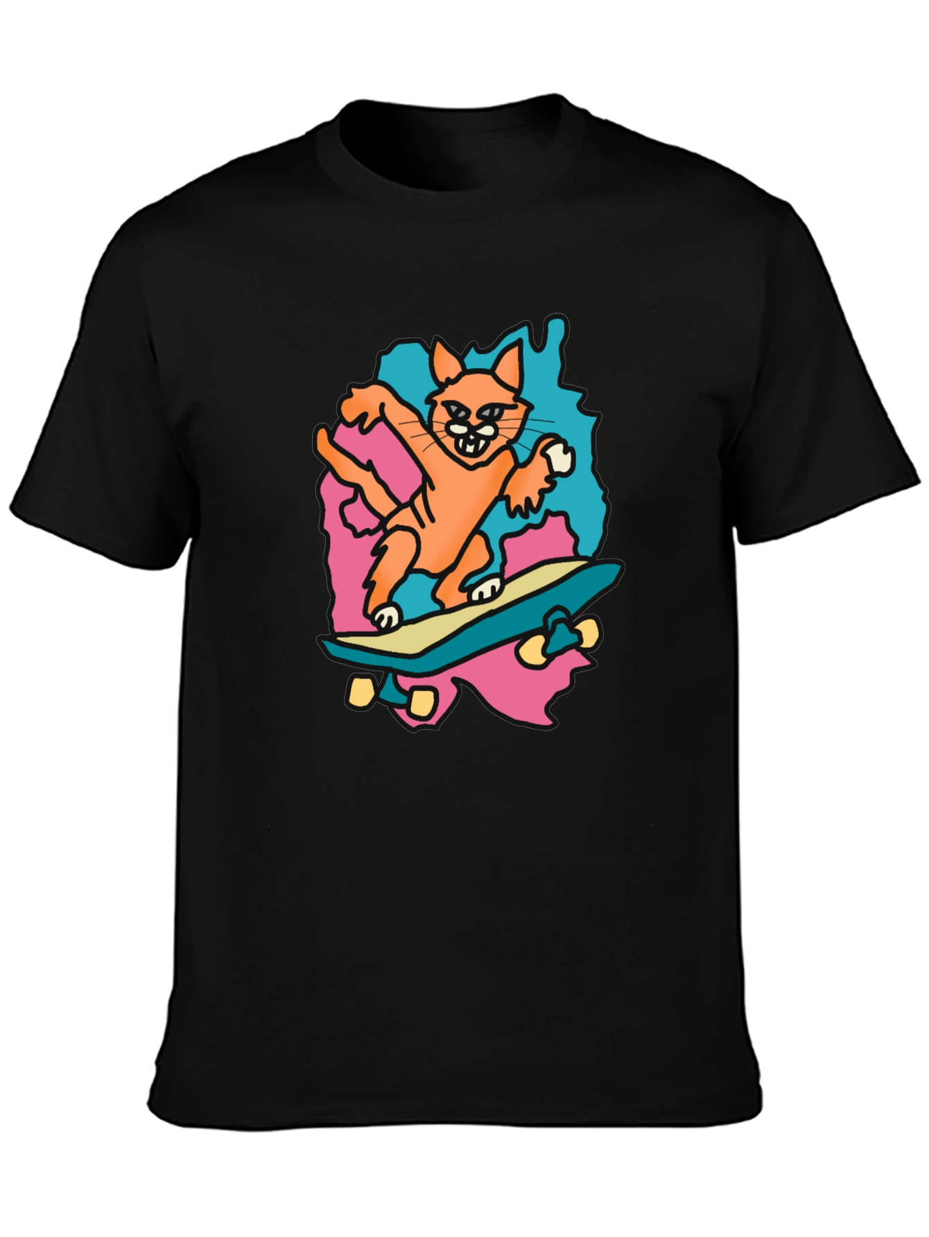 Skateboarding Cat Graphic Tee - Black Cotton T-Shirt