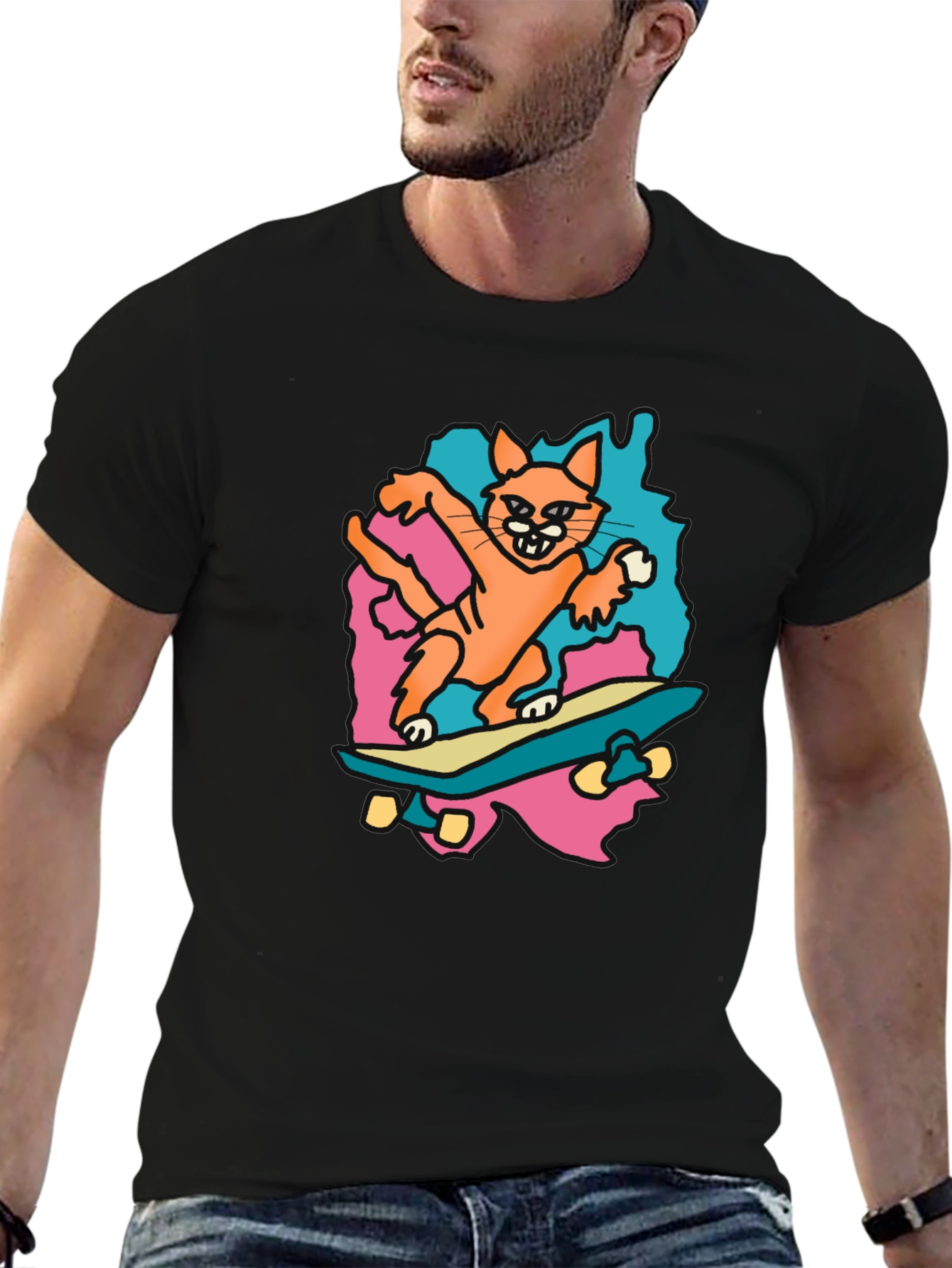 Skateboarding Cat Graphic Tee - Black Cotton T-Shirt