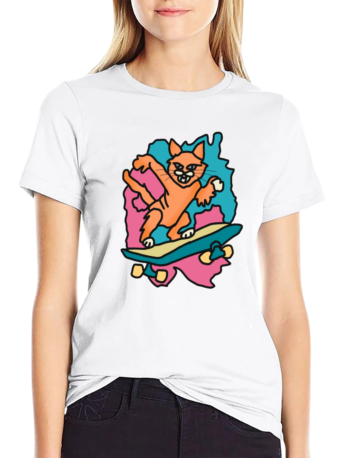 Skateboarding Cat Graphic Tee - Black Cotton T-Shirt
