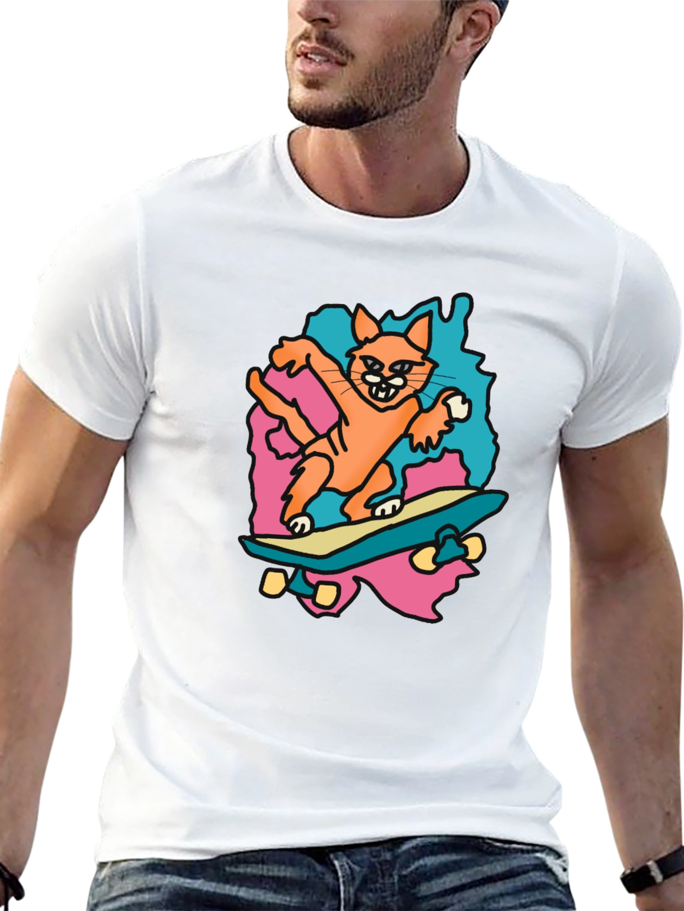 Skateboarding Cat Graphic Tee - Black Cotton T-Shirt
