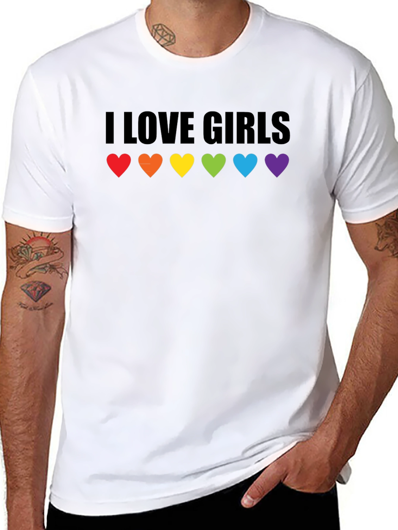 I Love Girls LGBTQ Pride T-Shirt - Rainbow Hearts