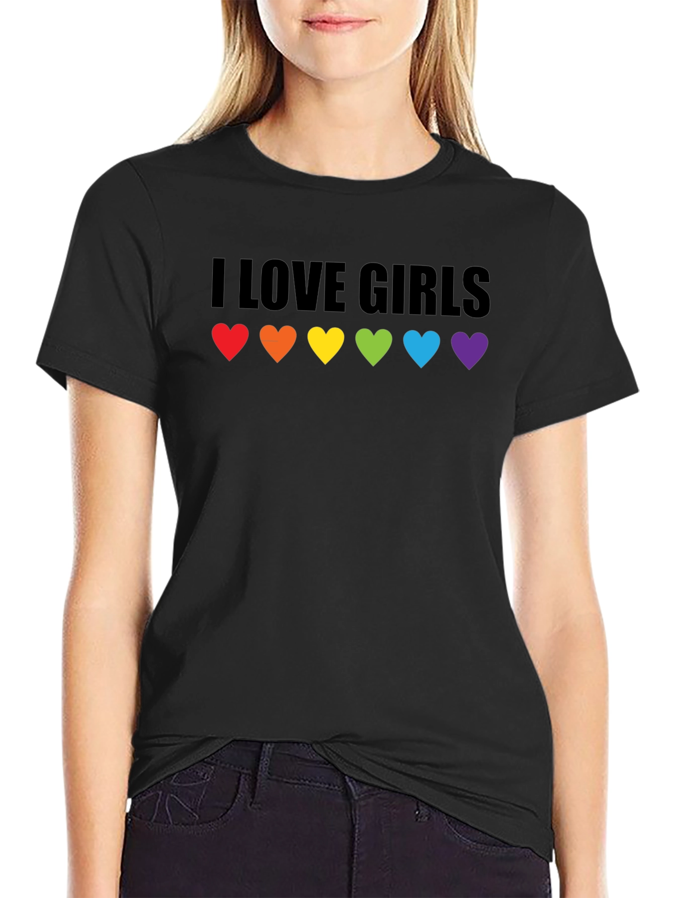 I Love Girls LGBTQ Pride T-Shirt - Rainbow Hearts