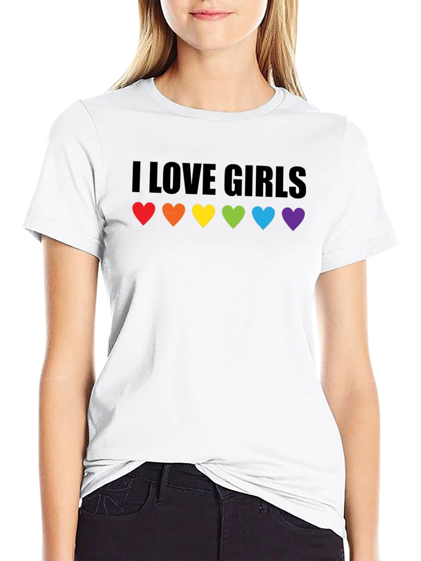 I Love Girls LGBTQ Pride T-Shirt - Rainbow Hearts