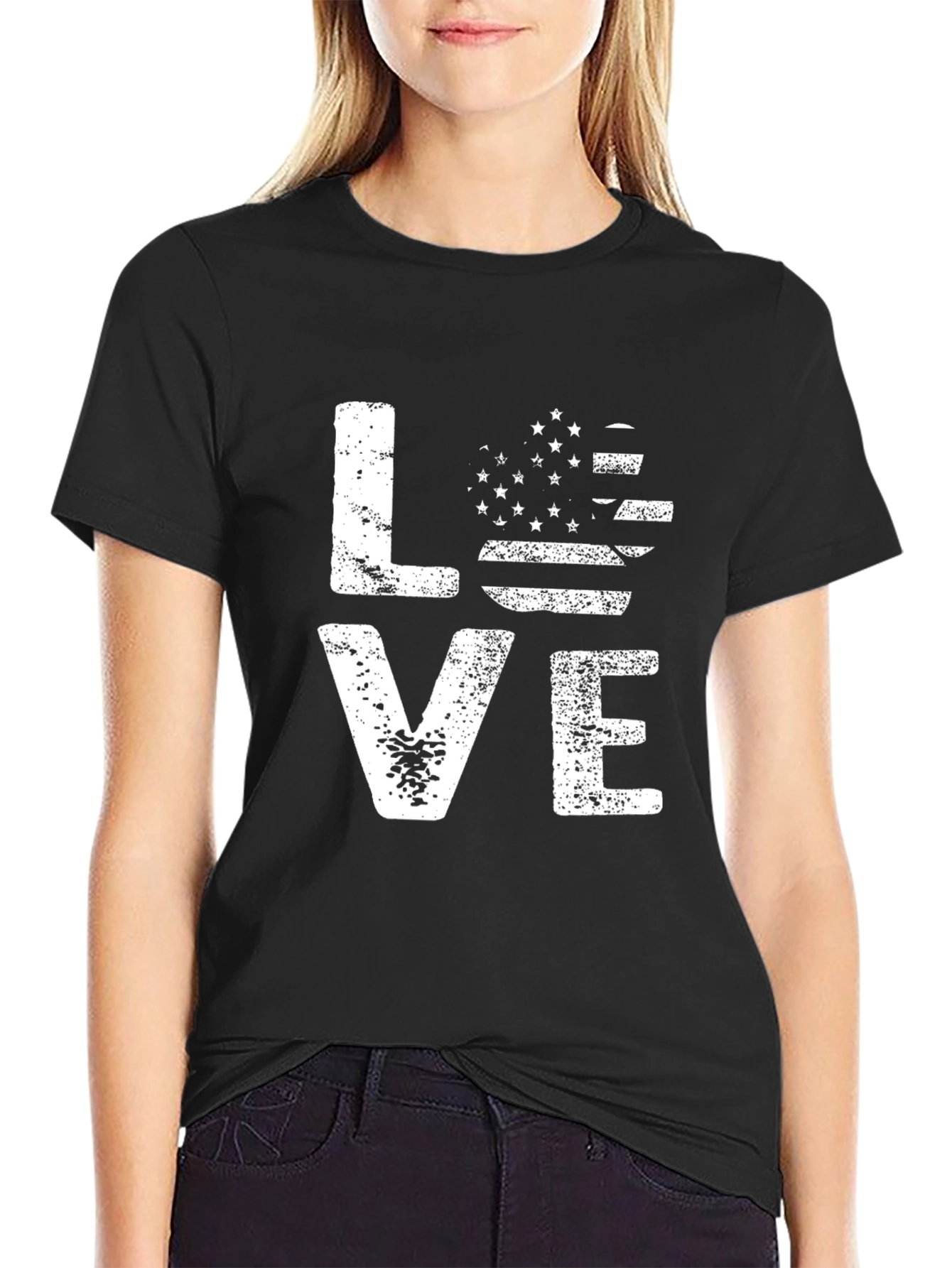 American Flag Heart Love Graphic Tee - Black