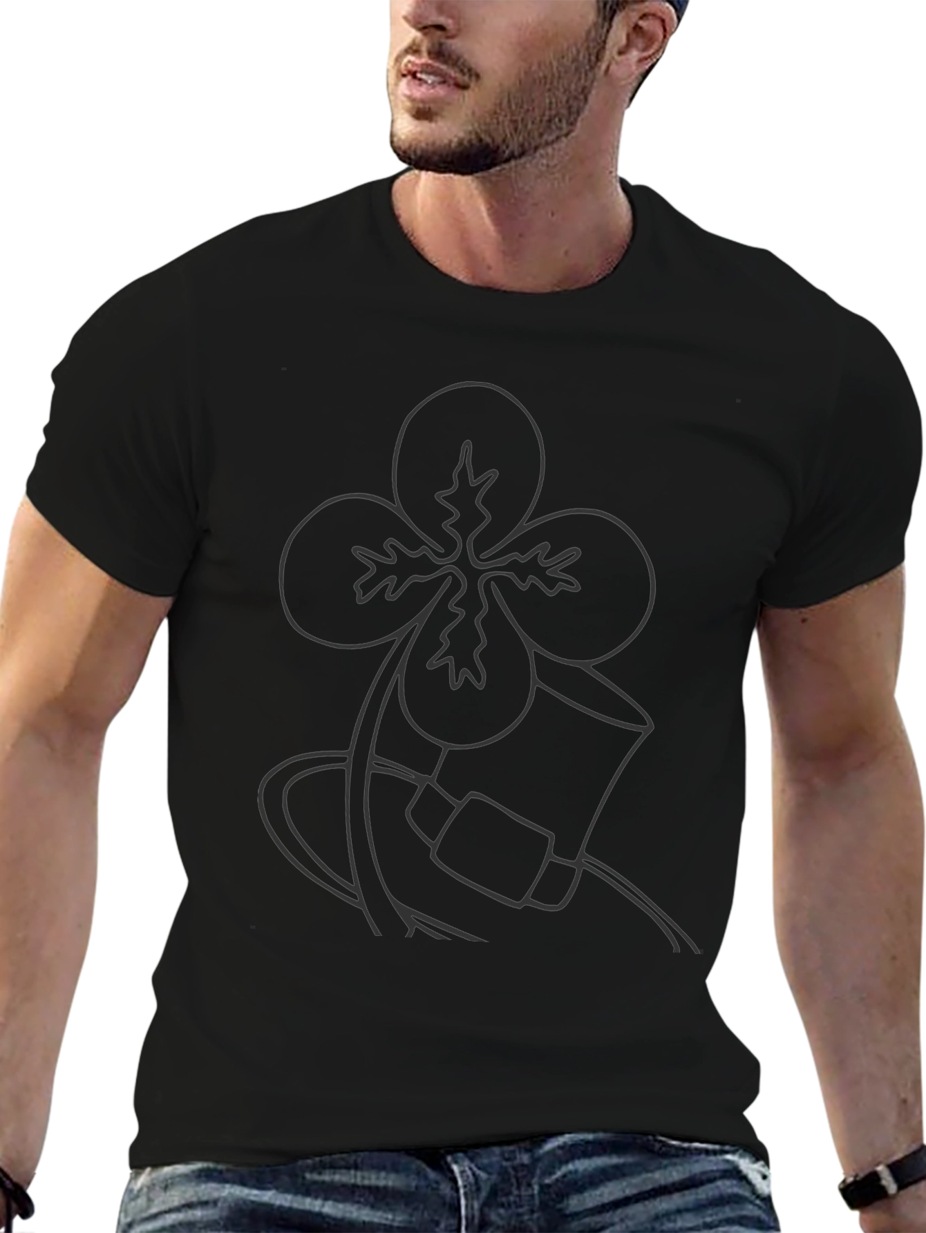 Mens Black T-Shirt with Shamrock and Hat Graphic