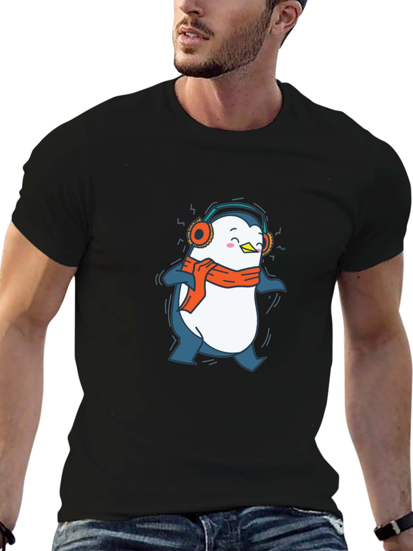 Penguin Headphones Graphic Tee - Black