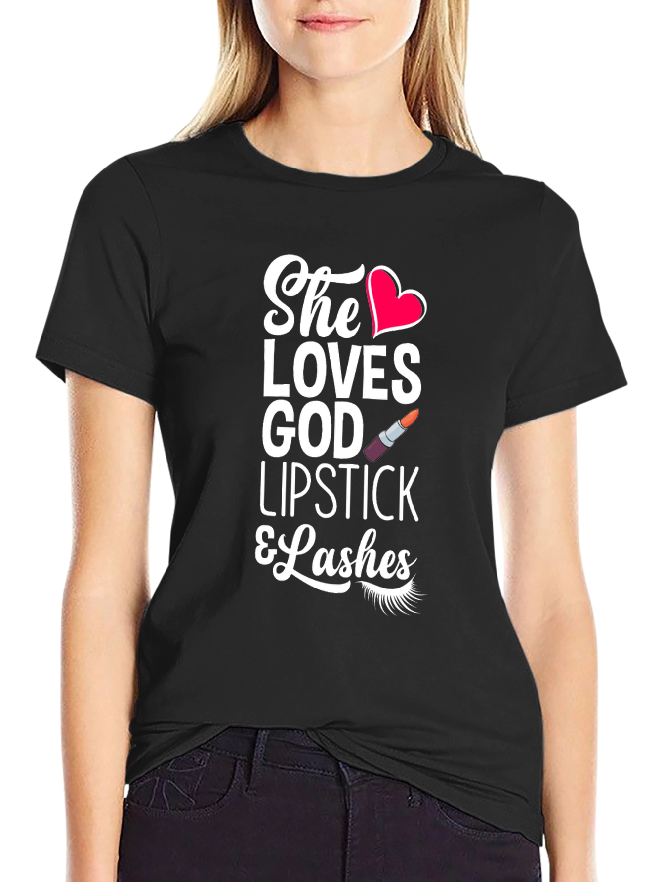 She Loves God Lipstick & Lashes Graphic T-Shirt
