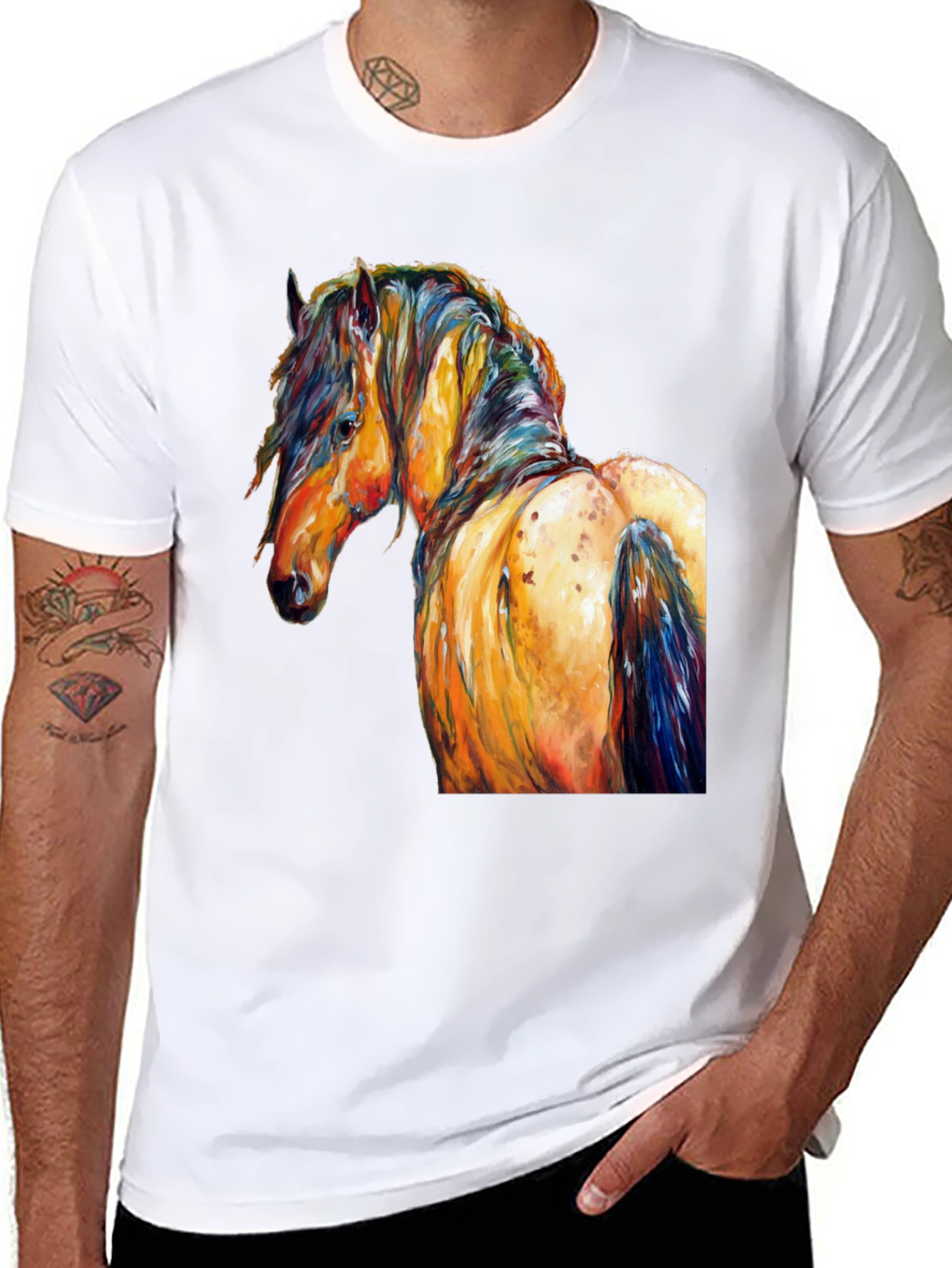 Vibrant Horse Art Print Black T-Shirt