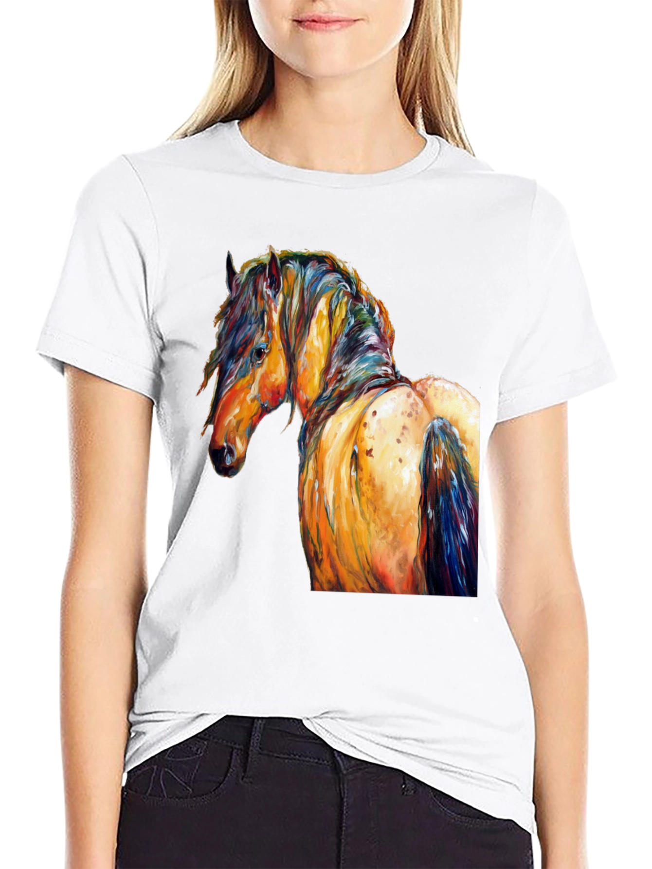 Vibrant Horse Art Print Black T-Shirt