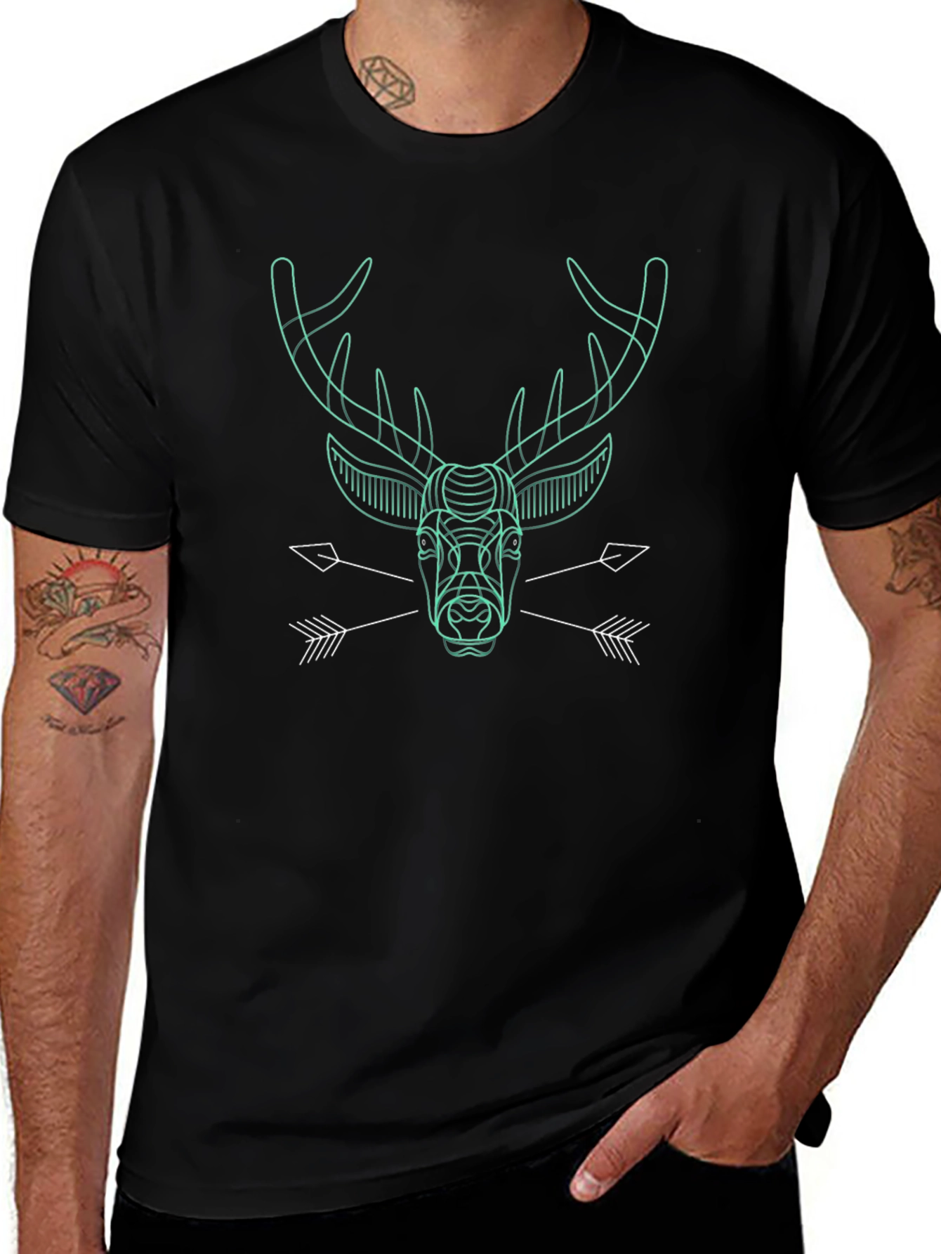 Geometric Deer Graphic Print Black T-Shirt