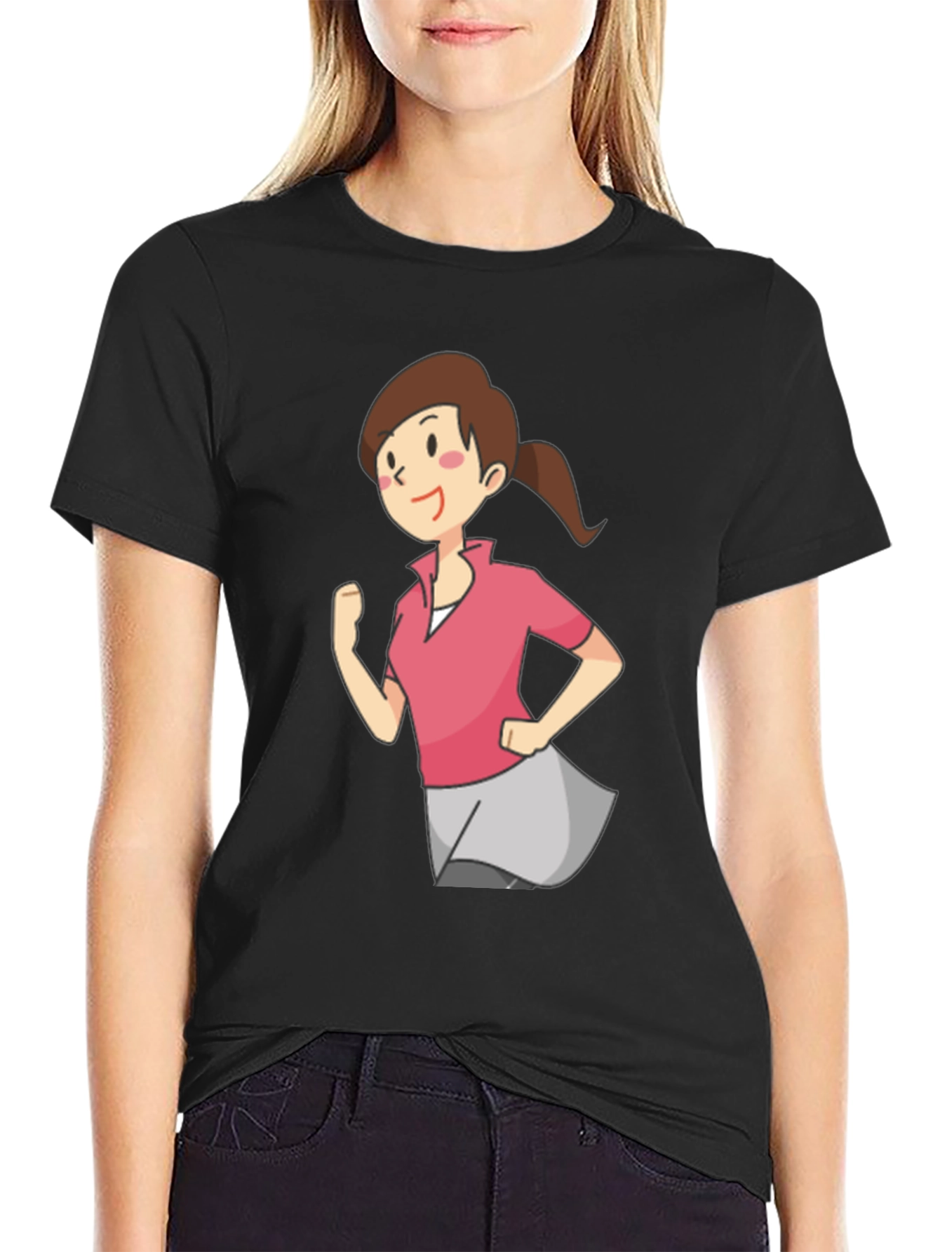 Cartoon Girl Running Black T-Shirt