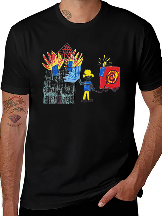 Fireman Drawing Graphic Black T-Shirt