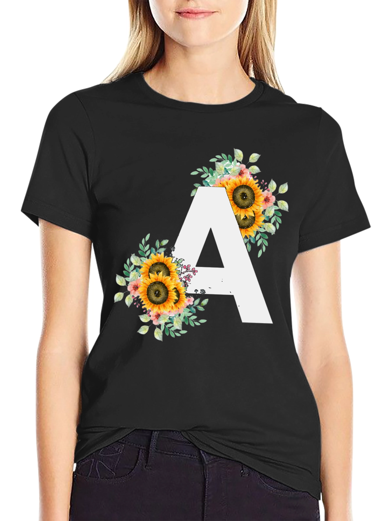 Sunflower Letter A Black T-Shirt