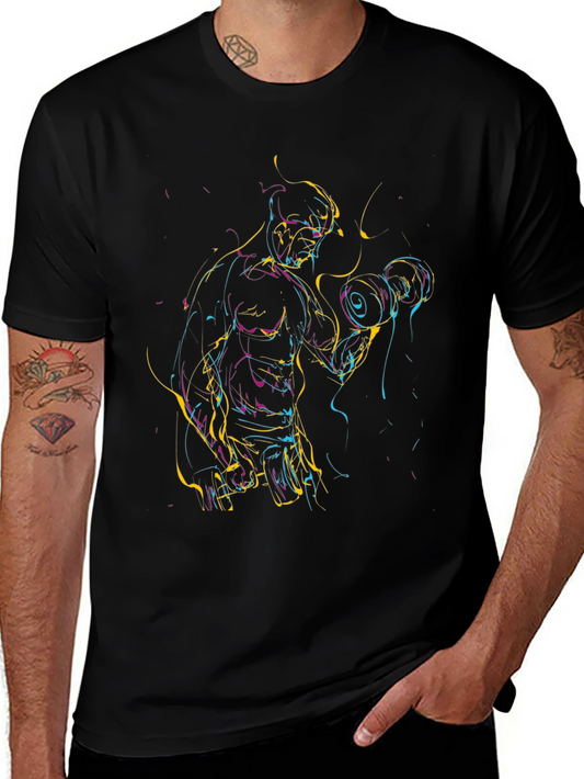 Abstract Bodybuilder Graphic Print Black T-Shirt